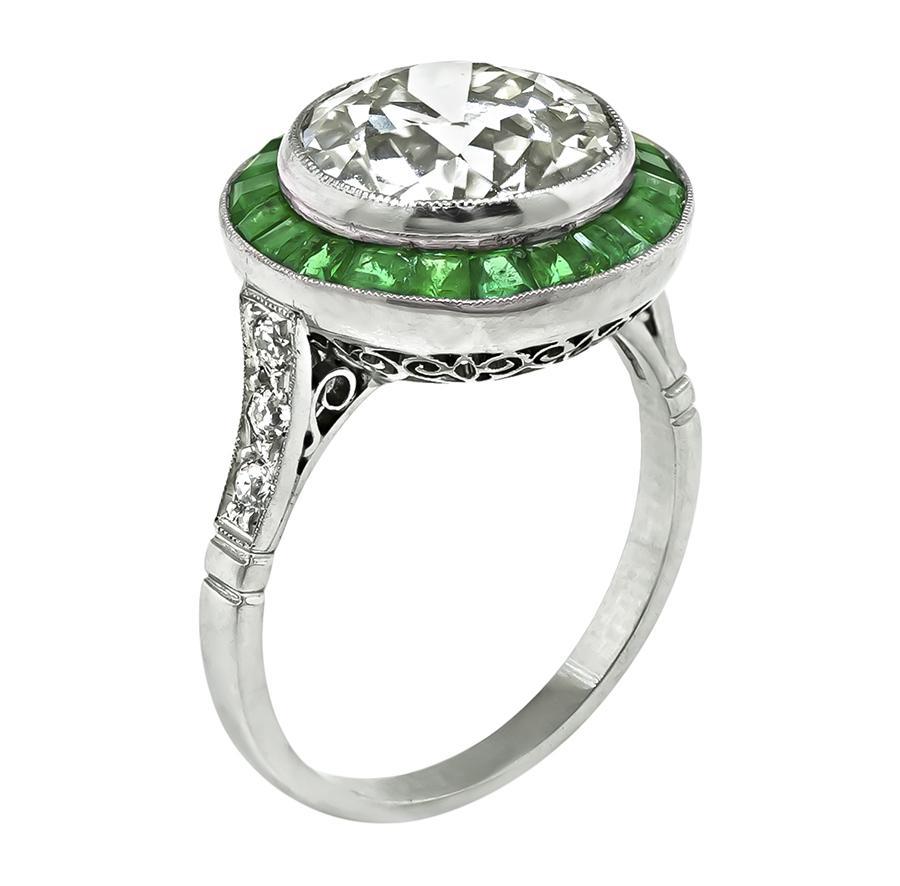 Old Mine Cut 4.22ct Diamond Emerald Halo Engagement Ring