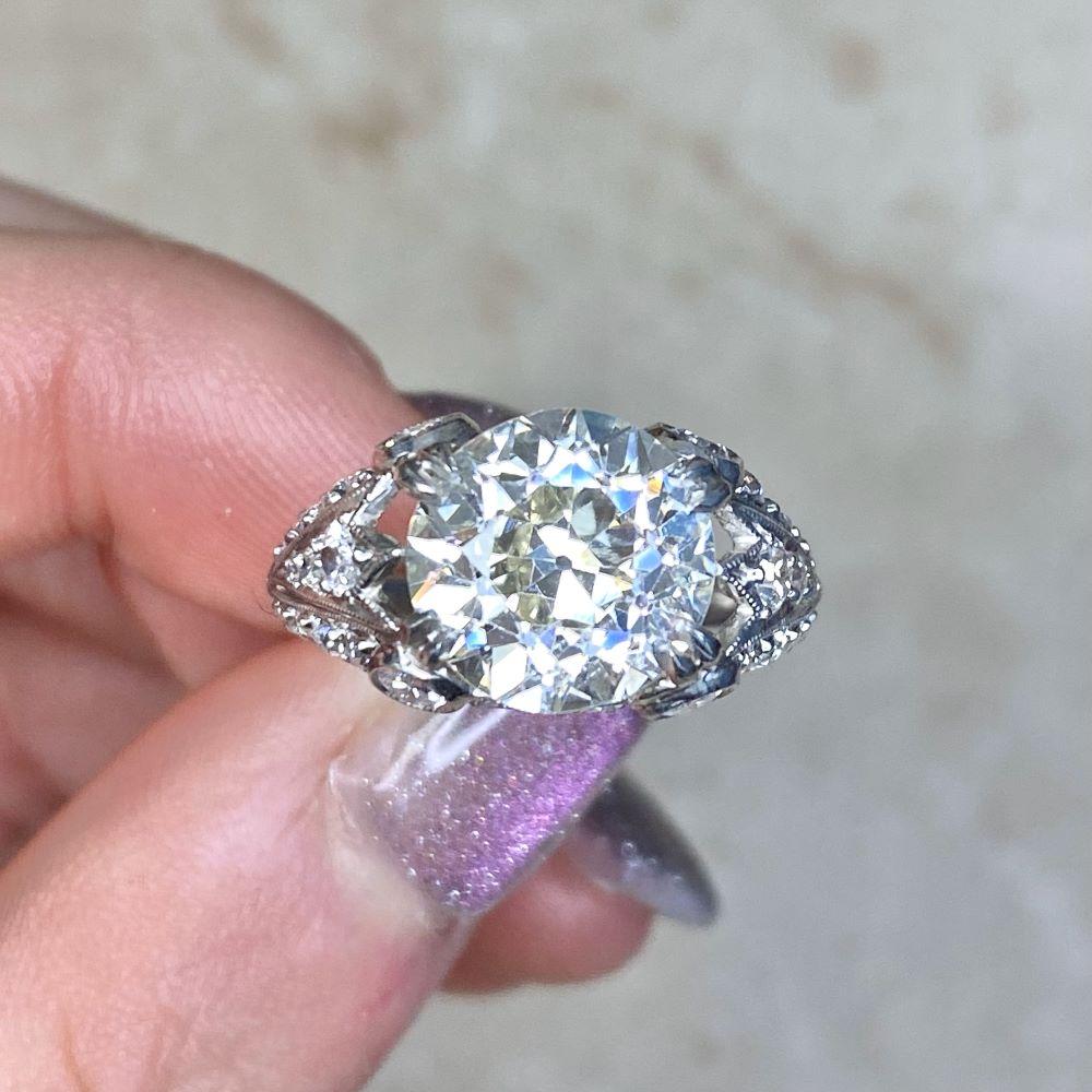 4.22ct Old European Cut Diamond Engagement Ring, Platinum, K Color, VS2 Clarity For Sale 4