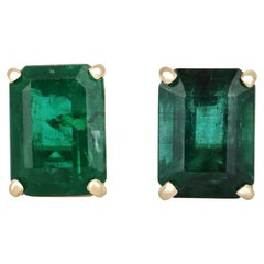 Used 5.0tcw 18K AAA Natural Emerald-Emerald Cut Four Prong Yellow Gold Stud Earrings 