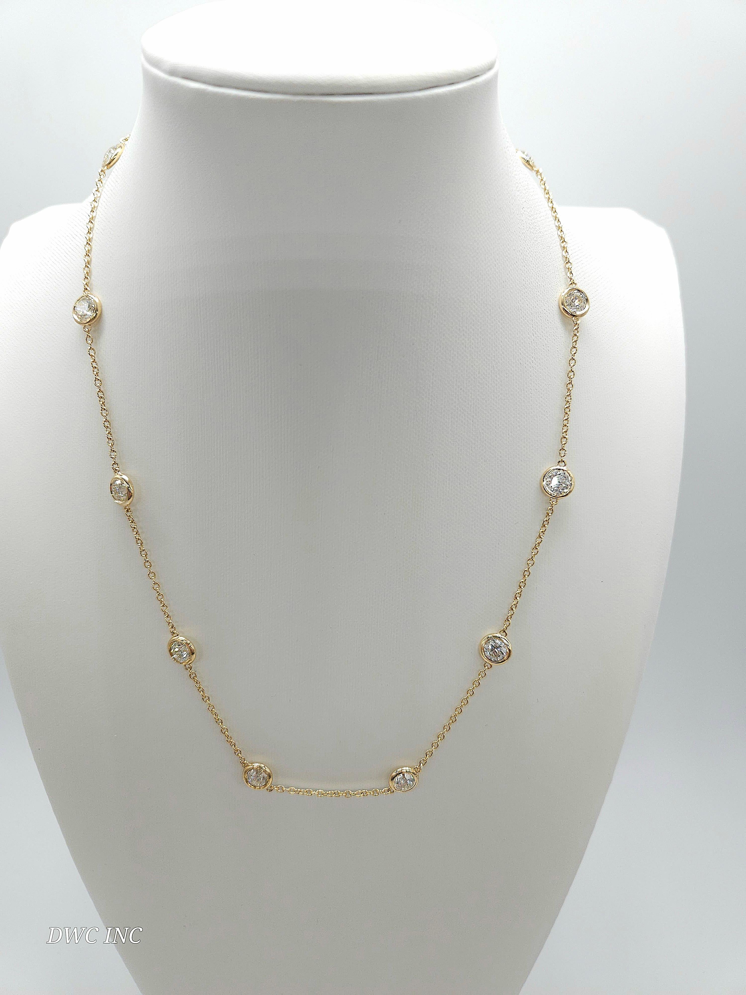 10 Station Diamond by the yard necklace set in Italian made 14K yellow gold. 
Total weight is 4.23 carats. Beautiful shiny stones. 
Length 16 inch 6.47 grams. Average H-VS

*Free shipping within U.S*
