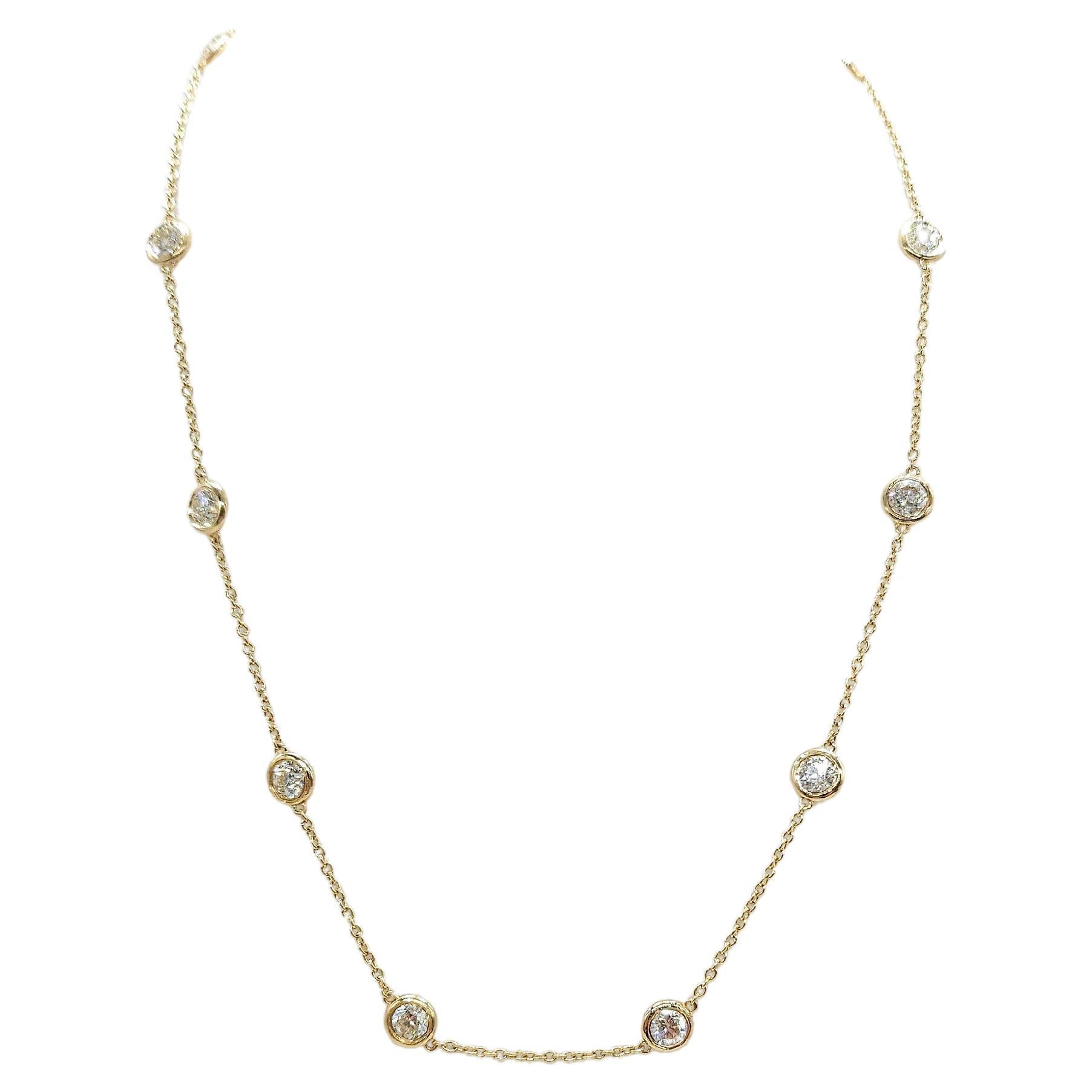 4.23 Carat 10 Station Diamond by the Yard Necklace 14 Karat Yellow Gold 16" For Sale
