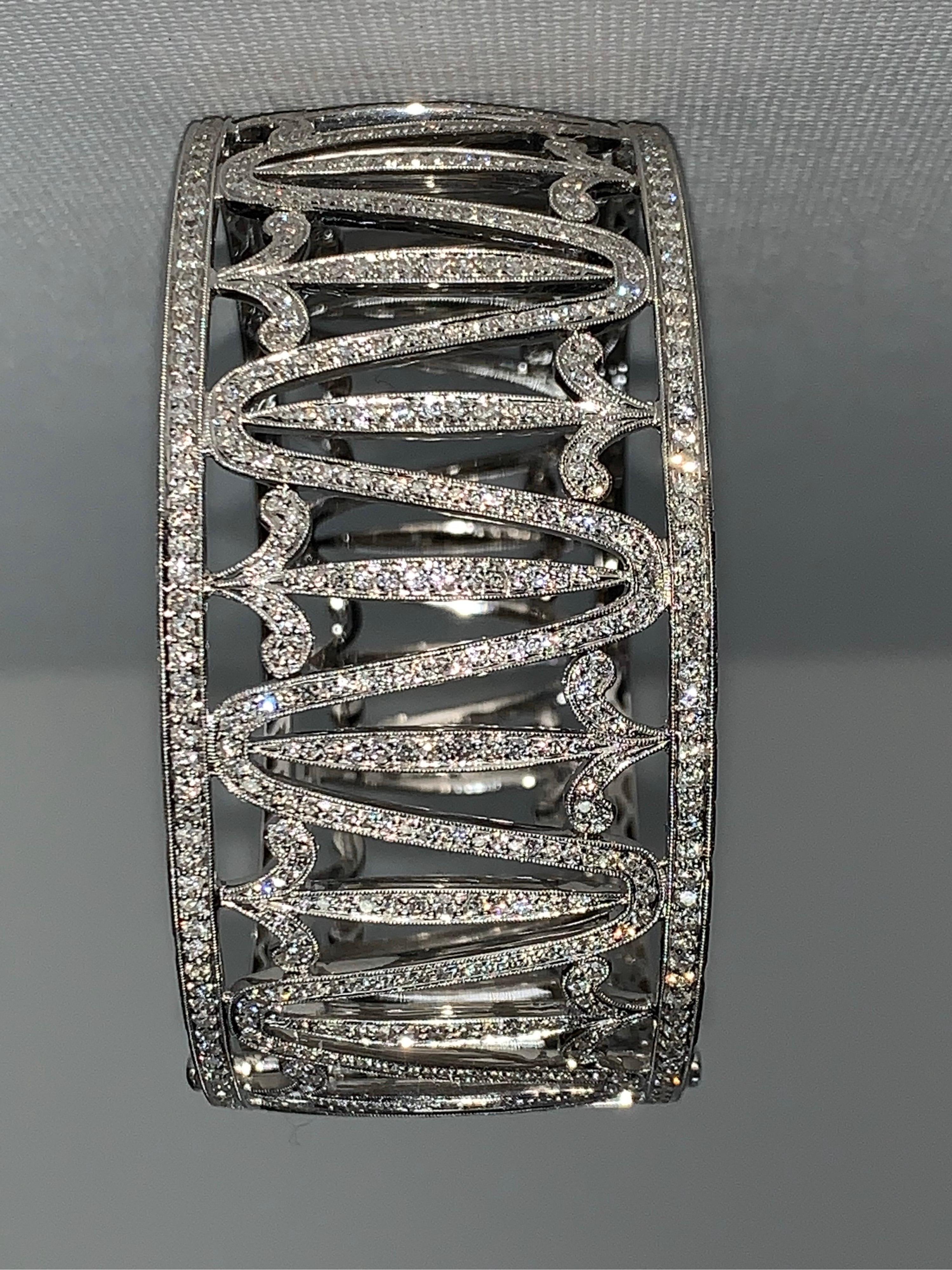 Art Nouveau Pavé Diamond, White Gold Bangle For Sale
