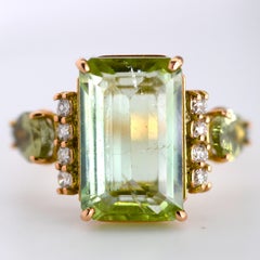 4.23 Carat Emerald Cut Green Tourmaline and Diamond 14k Yellow Gold Ring