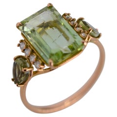 4.23 Carat Emerald Cut Green Tourmaline and Diamond 14k Yellow Gold Ring