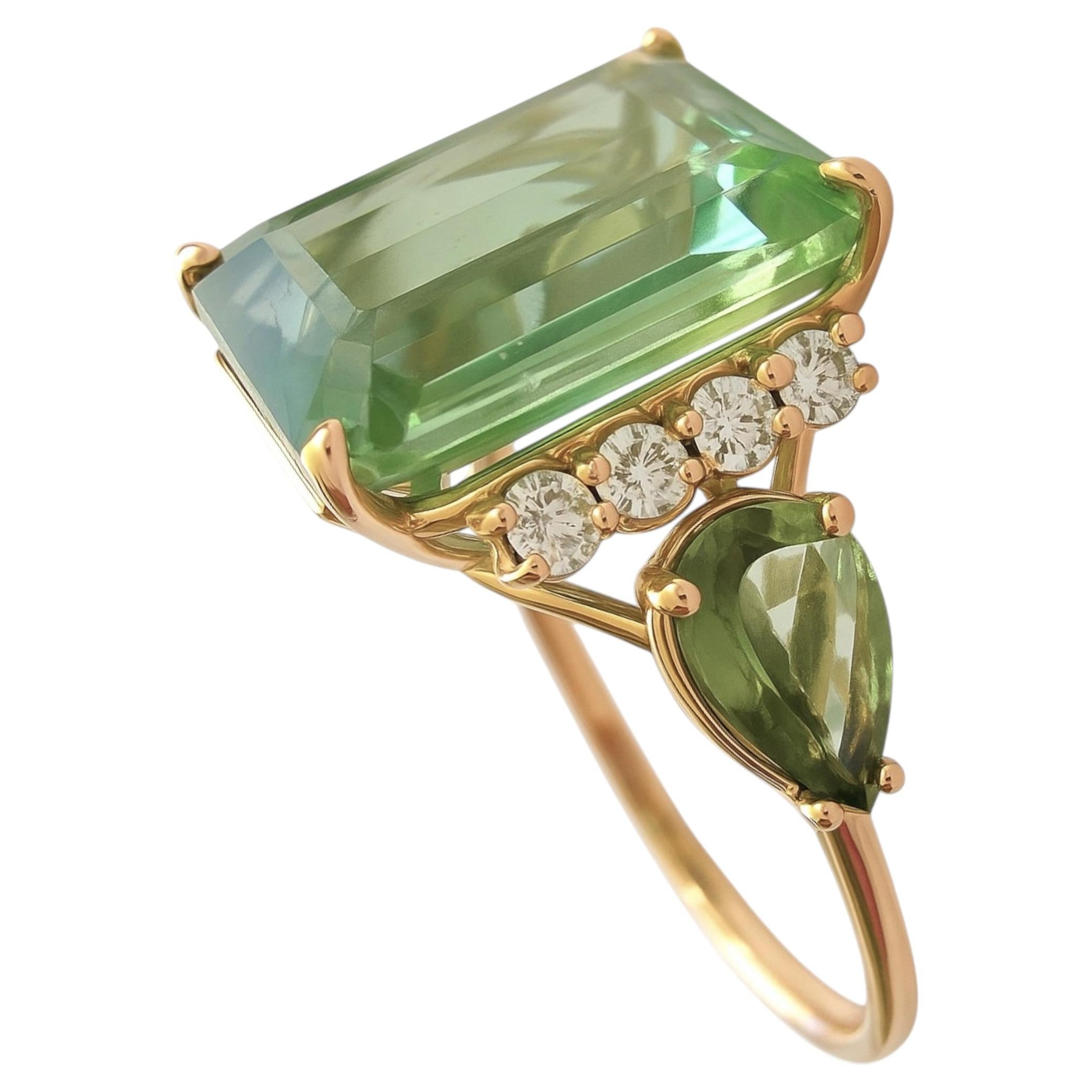 4.23 Carat Emerald Cut Green Tourmaline and Diamond 14k Yellow Gold Ring