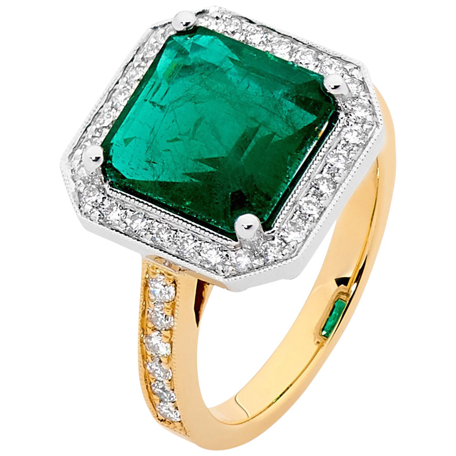 4.23 Carat Emerald White Diamonds 18 Carat White and Yellow Gold Ring For Sale