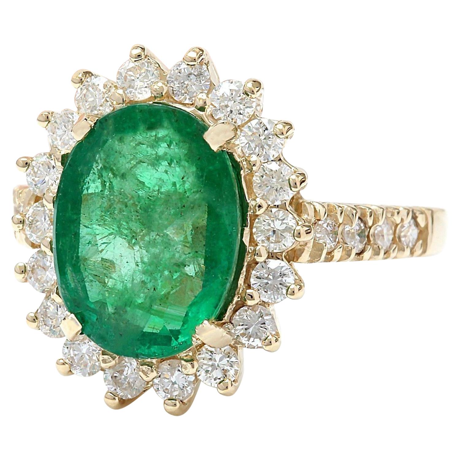 4.23 Carat Natural Emerald 14K Solid Yellow Gold Diamond Ring
 Item Type: Ring
 Item Style: Engagement
 Material: 14K Yellow Gold
 Mainstone: Emerald
 Stone Color: Green
 Stone Weight: 3.43 Carat
 Stone Shape: Oval
 Stone Quantity: 1
 Stone