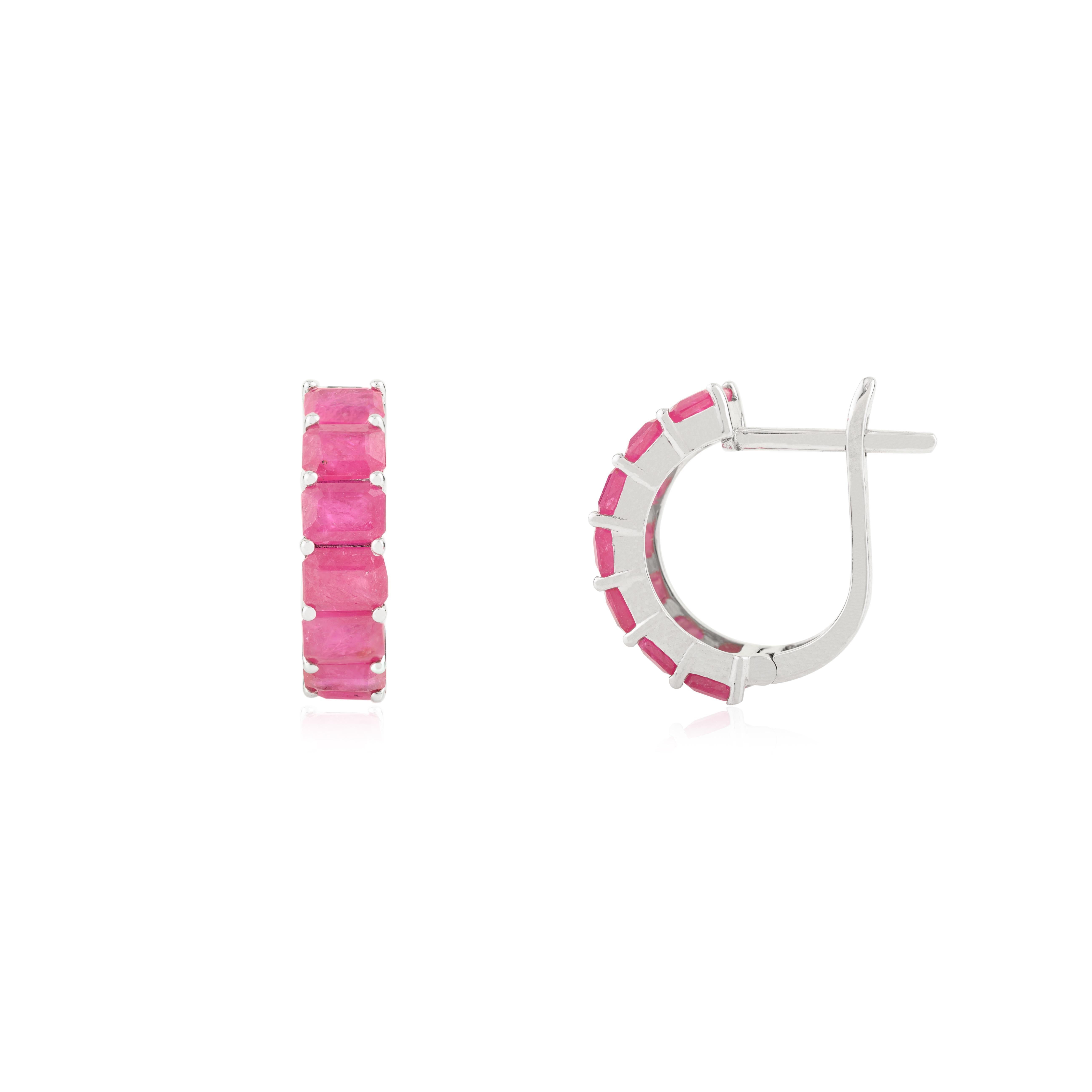 4,23 Carat Octagon Cut Ruby Hoop Earrings in 14k Solid White Gold Feiner Schmuck im Zustand „Neu“ im Angebot in New York, NY