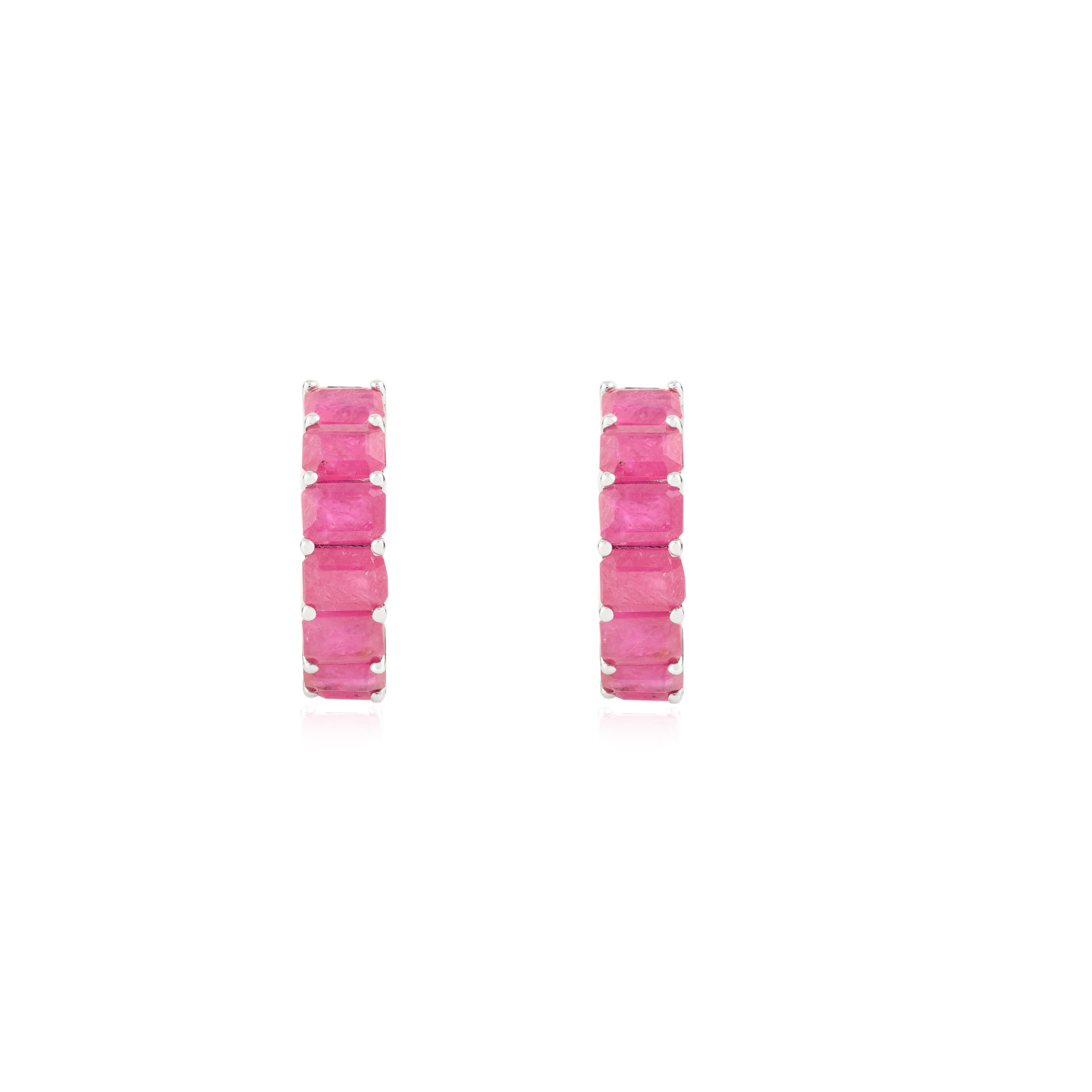 4,23 Carat Octagon Cut Ruby Hoop Earrings in 14k Solid White Gold Feiner Schmuck im Angebot 1
