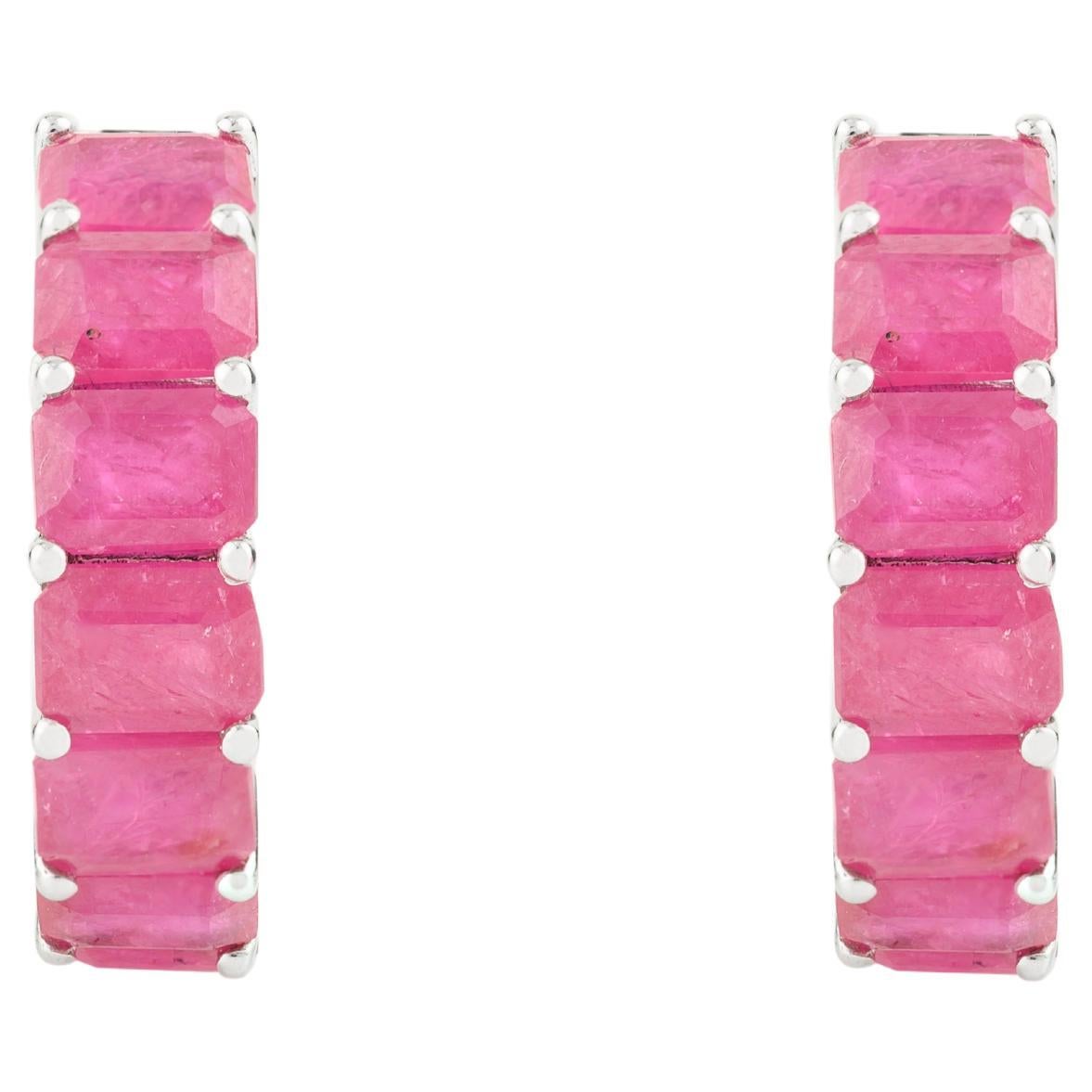 4,23 Carat Octagon Cut Ruby Hoop Earrings in 14k Solid White Gold Feiner Schmuck im Angebot