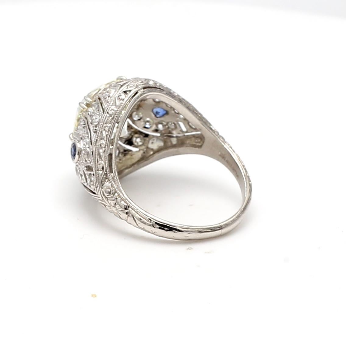 4.23 Carat Old European Cut Diamond 0.06 Carat Sapphire Platinum Art Deco Ring For Sale 7