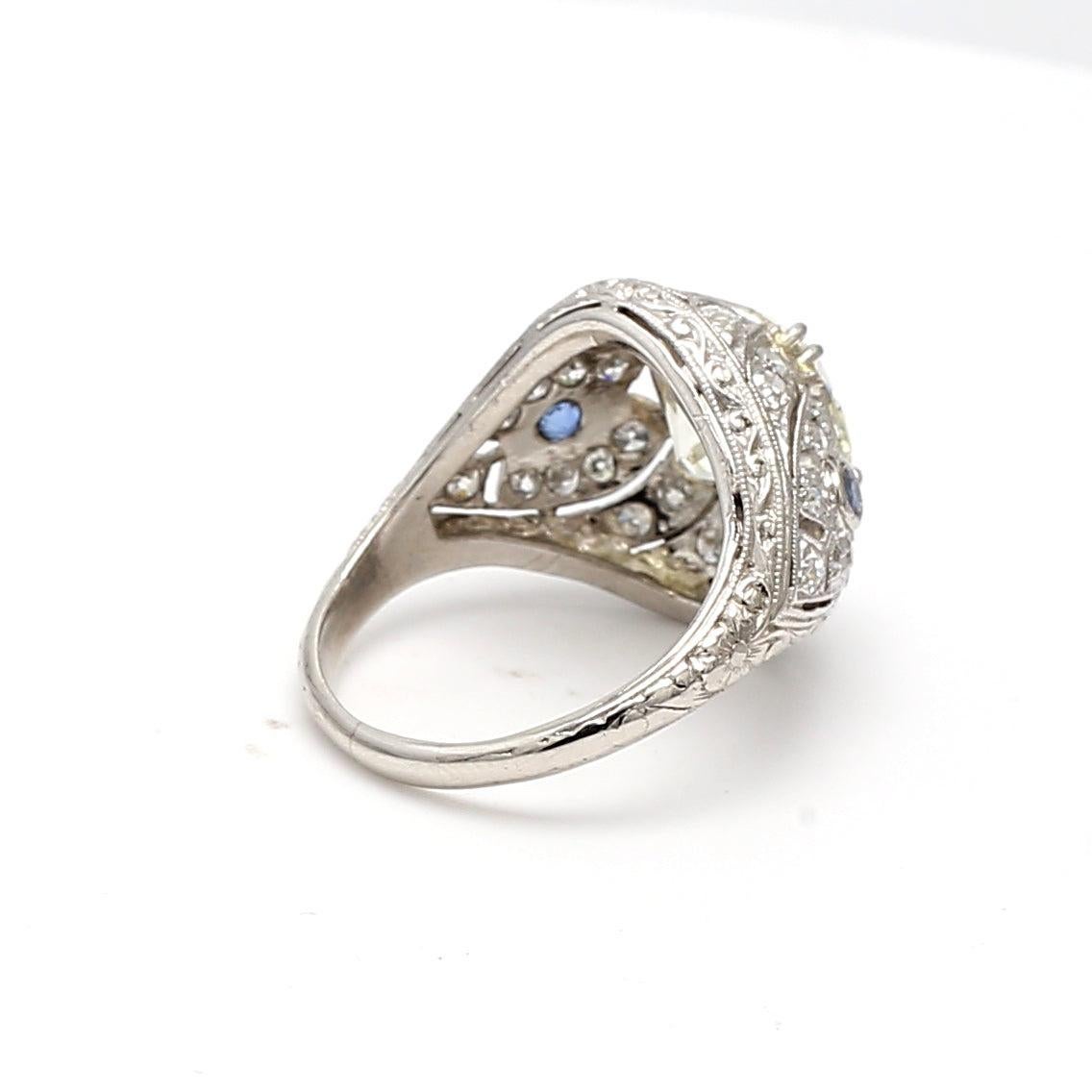 4.23 Carat Old European Cut Diamond 0.06 Carat Sapphire Platinum Art Deco Ring In Good Condition For Sale In New York, NY