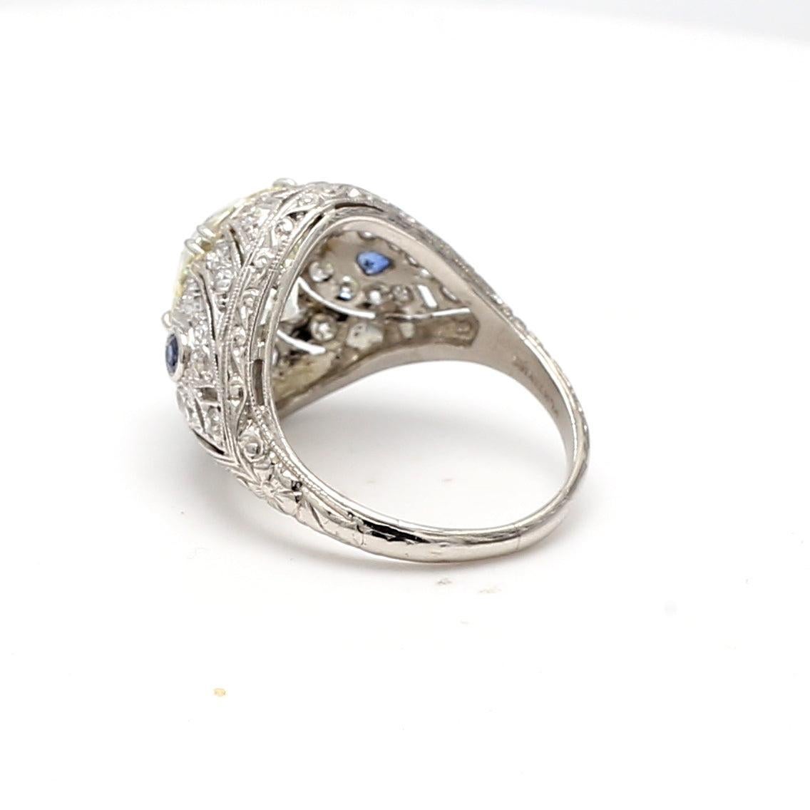 4.23 Carat Old European Cut Diamond 0.06 Carat Sapphire Platinum Art Deco Ring For Sale 1