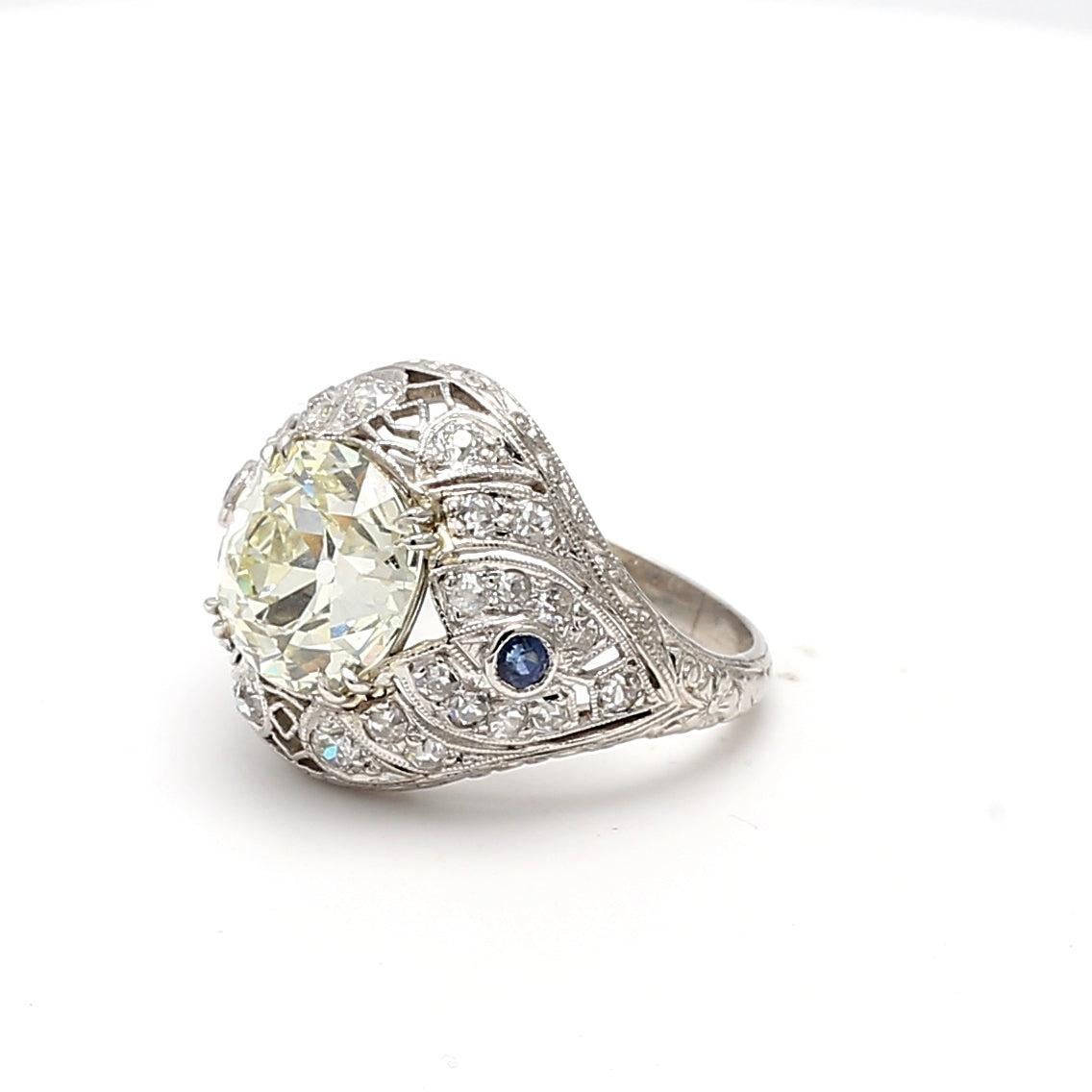 4.23 Carat Old European Cut Diamond 0.06 Carat Sapphire Platinum Art Deco Ring For Sale 2