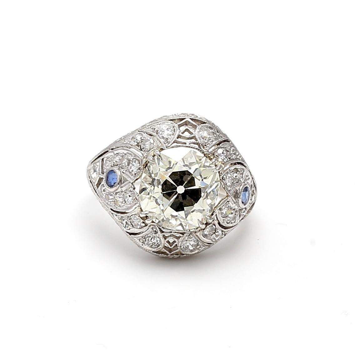 4.23 Carat Old European Cut Diamond 0.06 Carat Sapphire Platinum Art Deco Ring For Sale 3