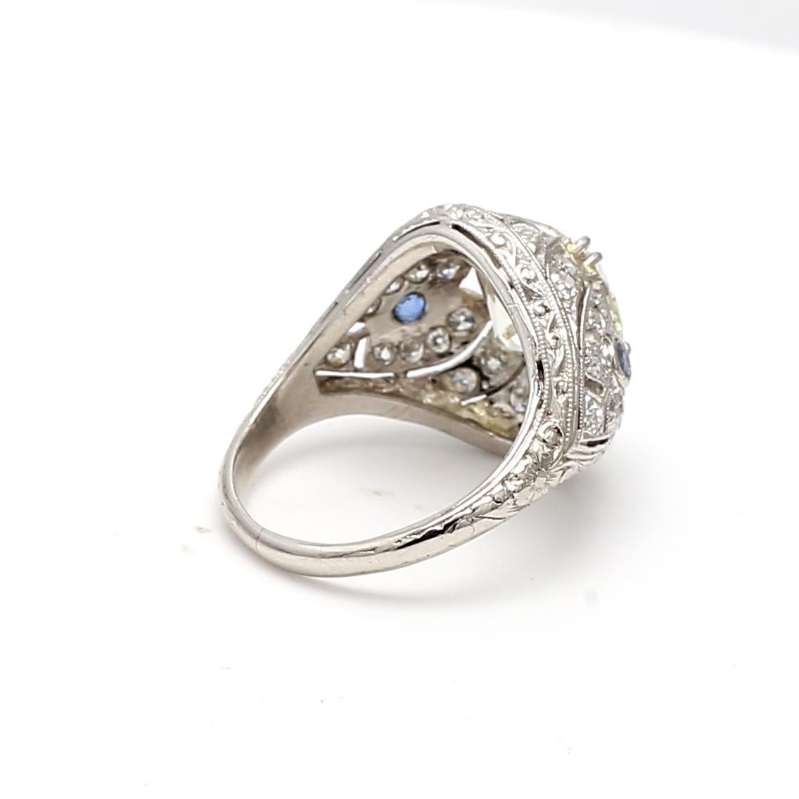 4.23 Carat Old European Cut Diamond 0.06 Carat Sapphire Platinum Art Deco Ring For Sale 5