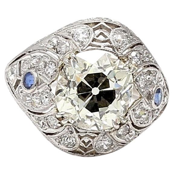 4.23 Carat Old European Cut Diamond 0.06 Carat Sapphire Platinum Art Deco Ring For Sale