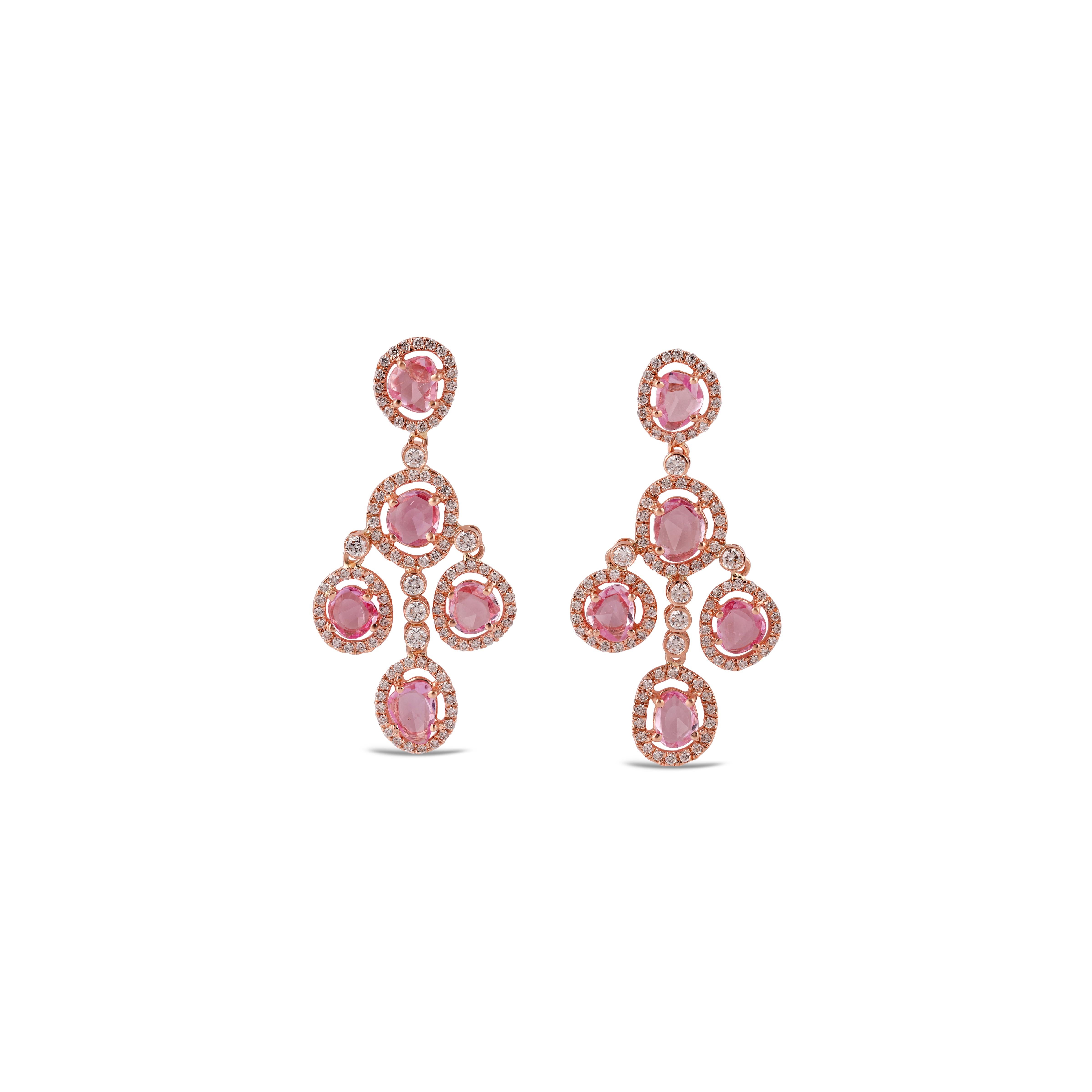 These are an exclusive earrings with sapphire & diamonds features 10 pieces of rose cut sapphires weight 4.23 carats, surrounded with 198 pieces of round brilliant cut diamonds weight 1.37 carats, these entire earrings are studded in 18k rose gold