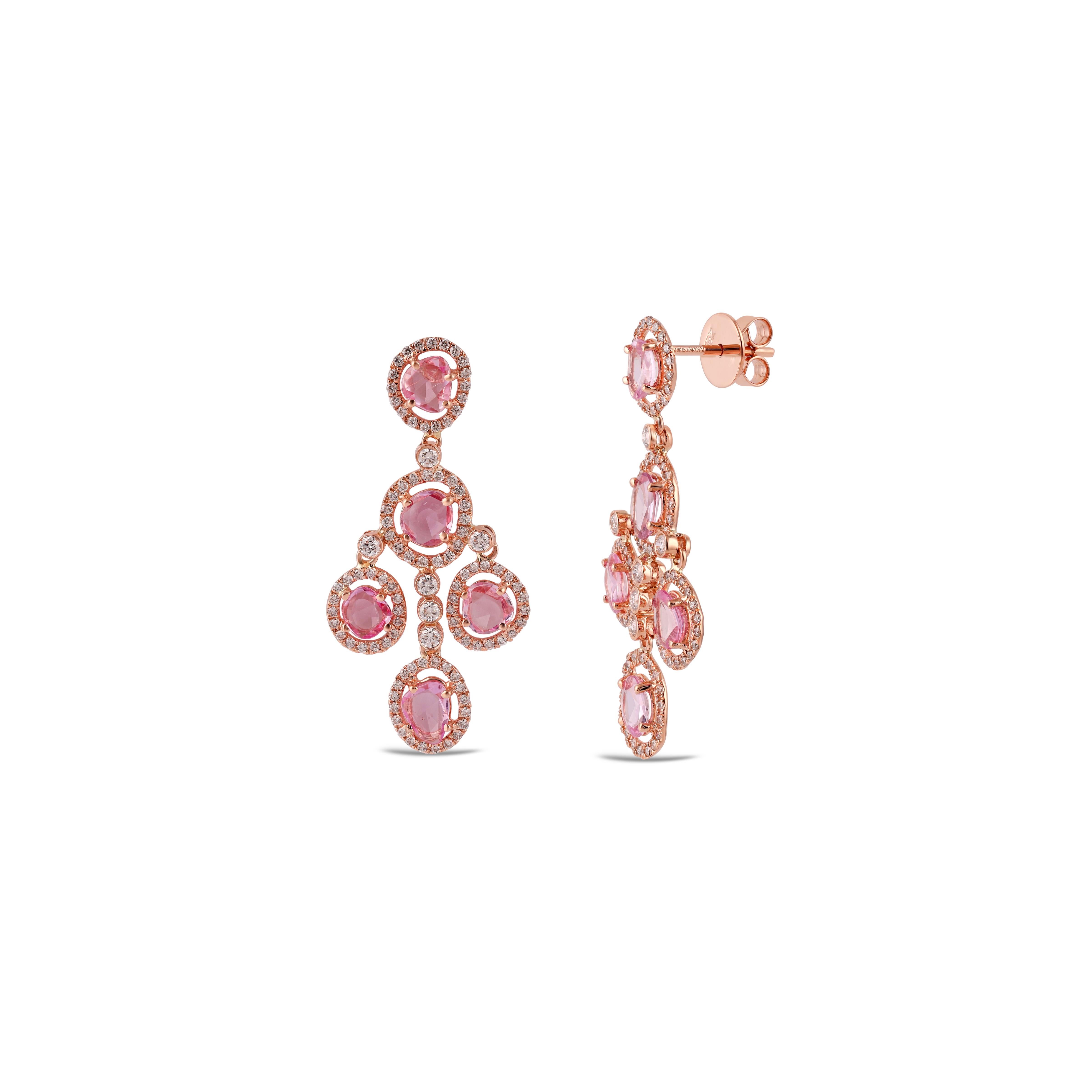 Contemporary 4.23 Carat Pink Sapphire & Diamond Earrings Studded in 18 Karat Rose Gold For Sale