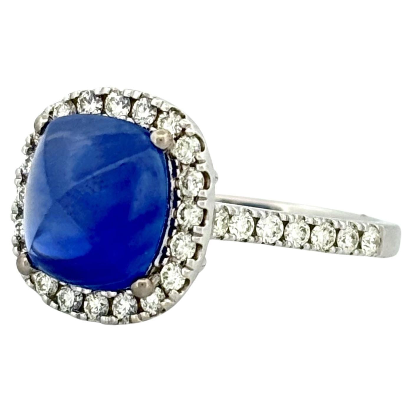 4.23 Carat Sugarloaf Ceylon Sapphire Ring with Halo Diamonds in 14K White Gold For Sale