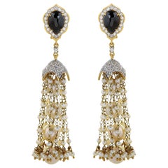 4.23 Ice Diamond and Akoya Pearl 18 Karat Yellow Gold Tassel Earrings