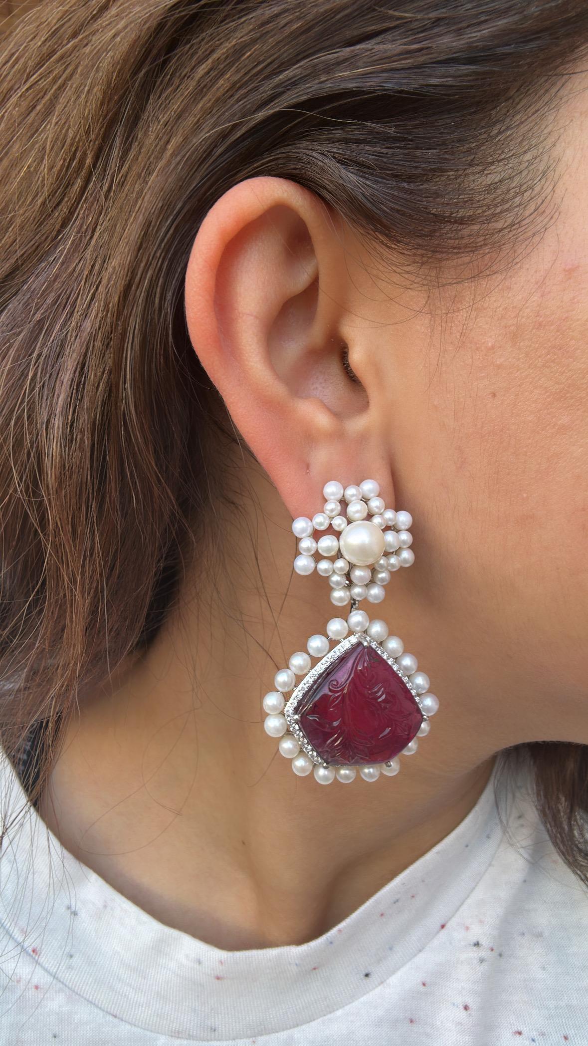42.31 carats, carved Tourmaline, Freshwater Pearls & Diamonds Chandelier Earring For Sale 5