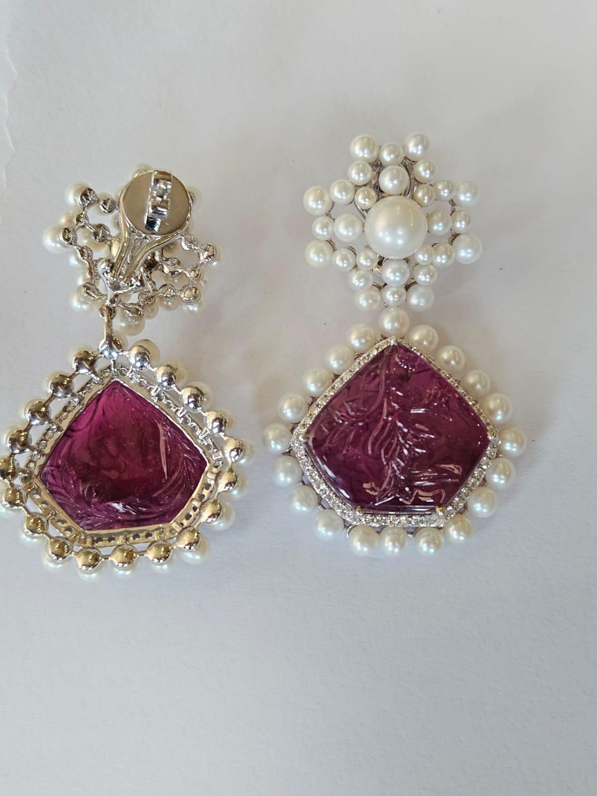 Modern 42.31 carats, carved Tourmaline, Freshwater Pearls & Diamonds Chandelier Earring For Sale