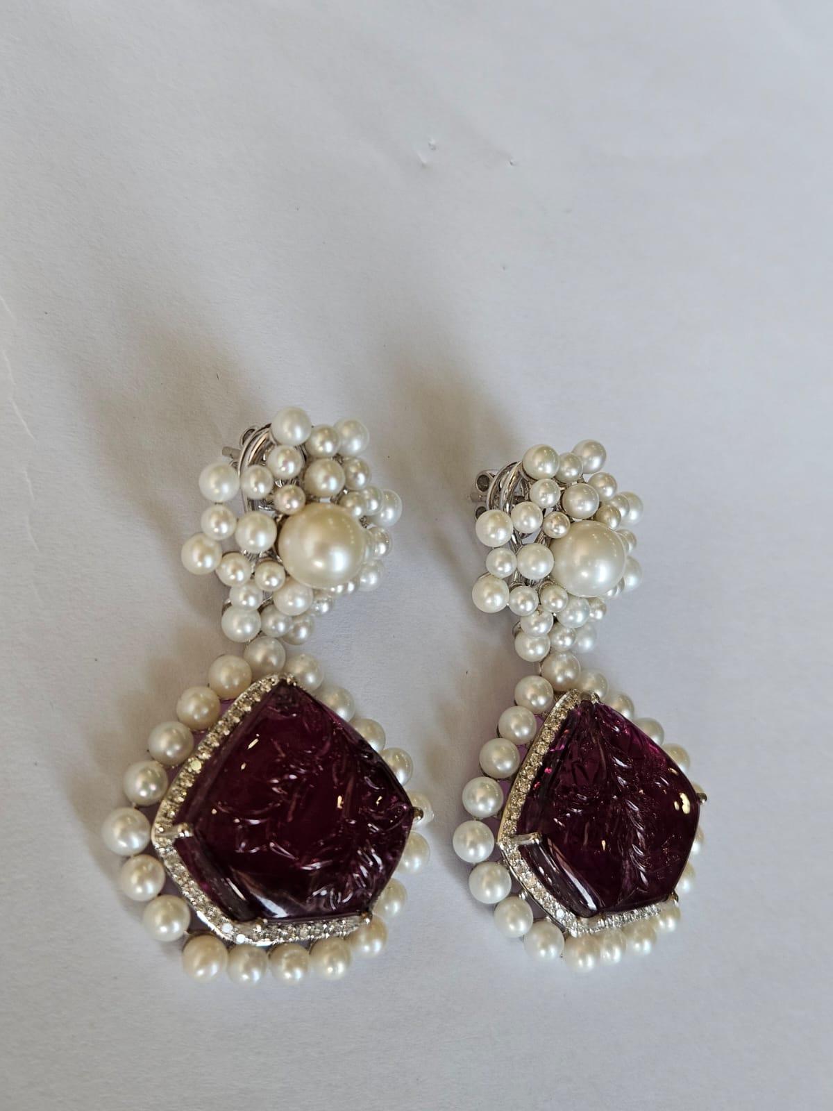 Round Cut 42.31 carats, carved Tourmaline, Freshwater Pearls & Diamonds Chandelier Earring For Sale
