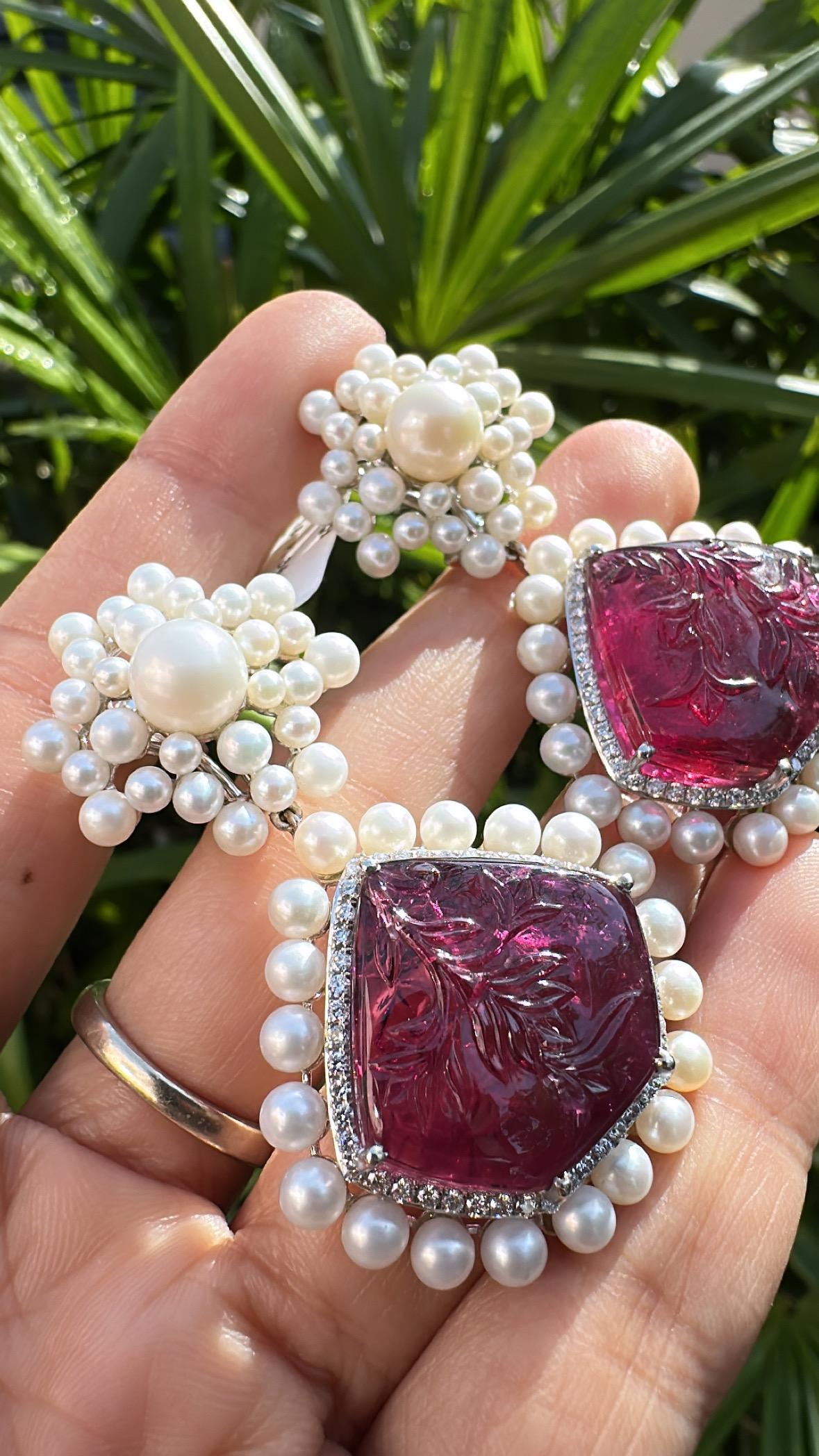 Women's or Men's 42.31 carats, carved Tourmaline, Freshwater Pearls & Diamonds Chandelier Earring For Sale