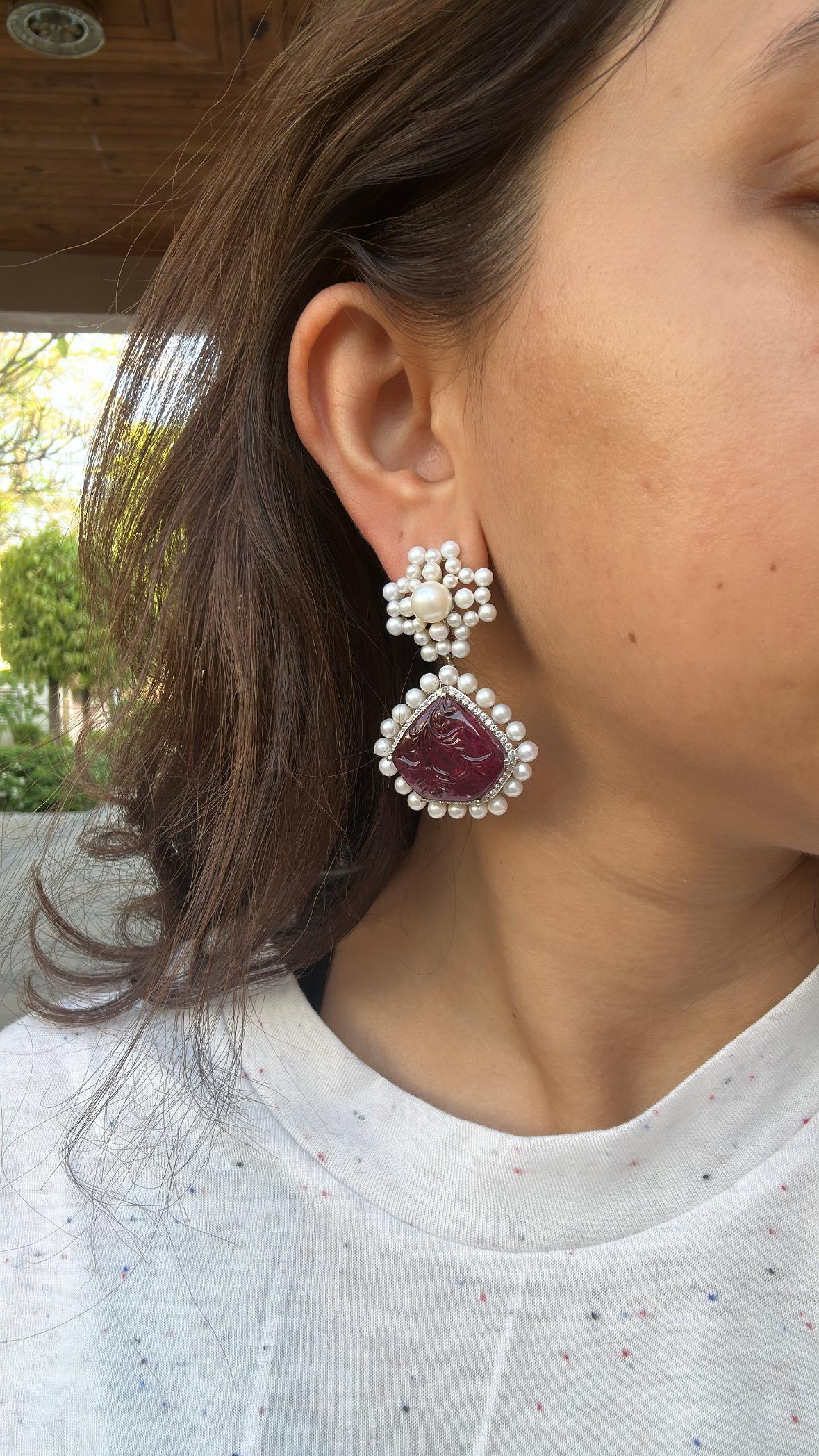 42.31 carats, carved Tourmaline, Freshwater Pearls & Diamonds Chandelier Earring For Sale 2
