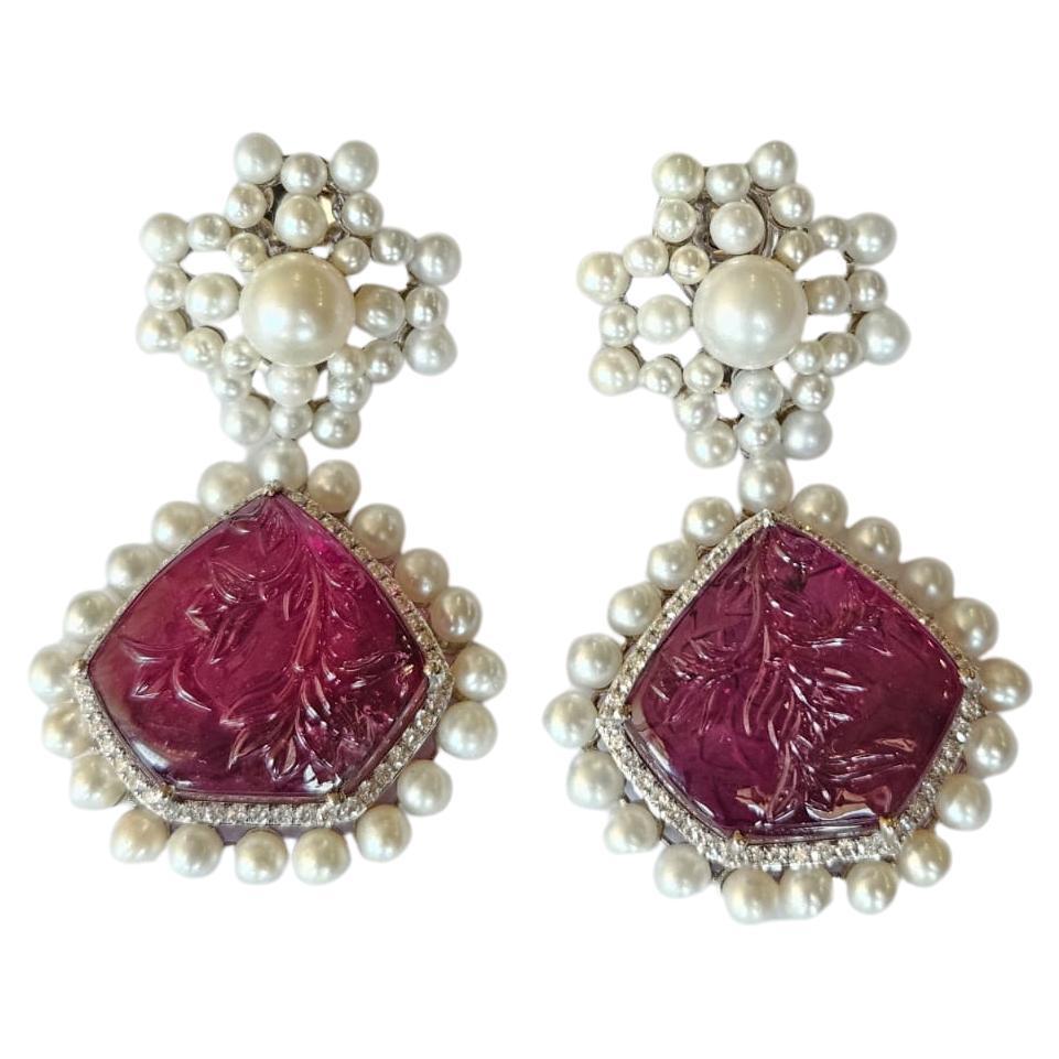 42.31 carats, carved Tourmaline, Freshwater Pearls & Diamonds Chandelier Earring