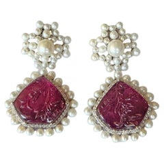 42.31 carats, carved Tourmaline, Freshwater Pearls & Diamonds Chandelier Earring
