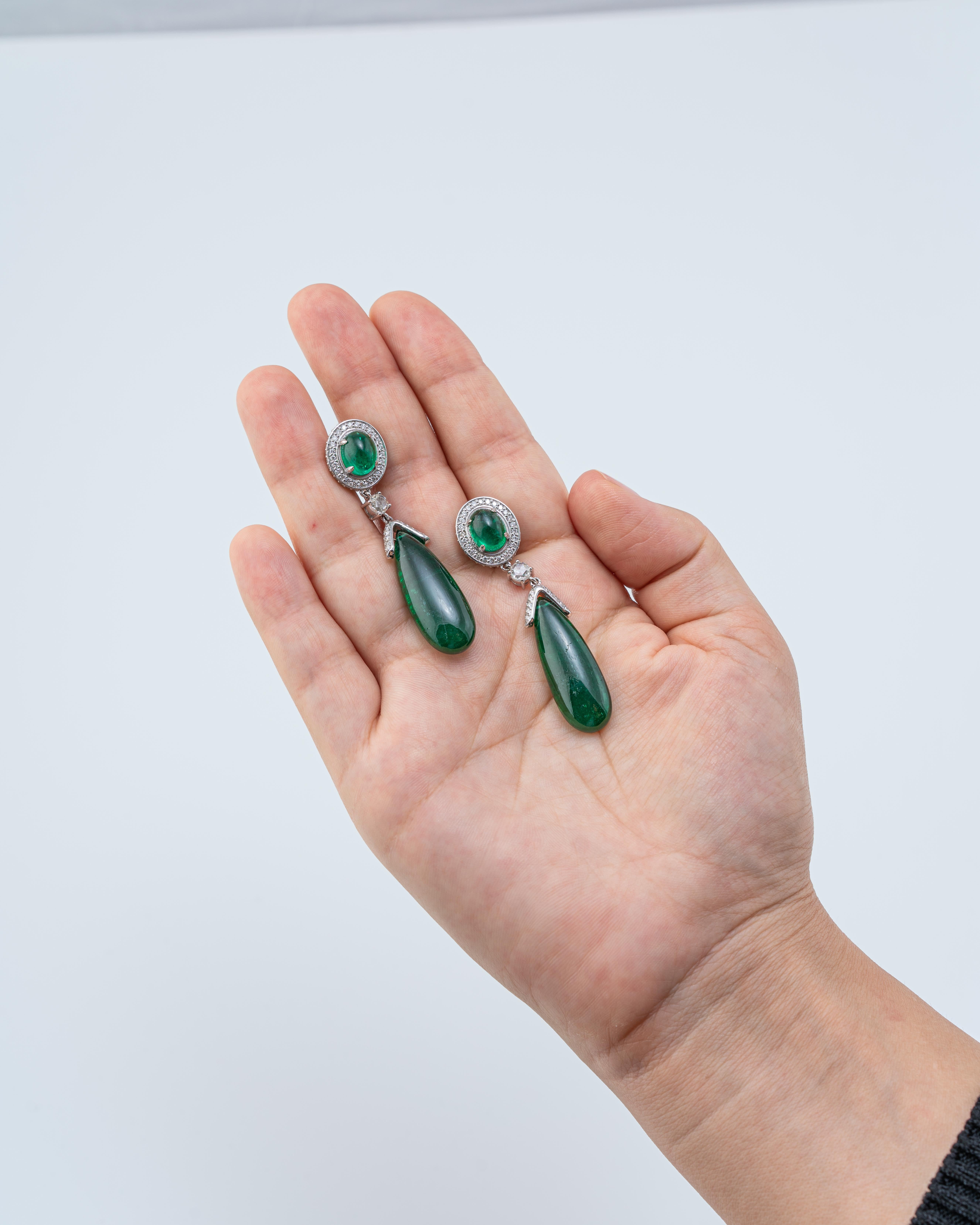 Modern 42.32 Carat Emerald Drop and Diamonds Earrings For Sale