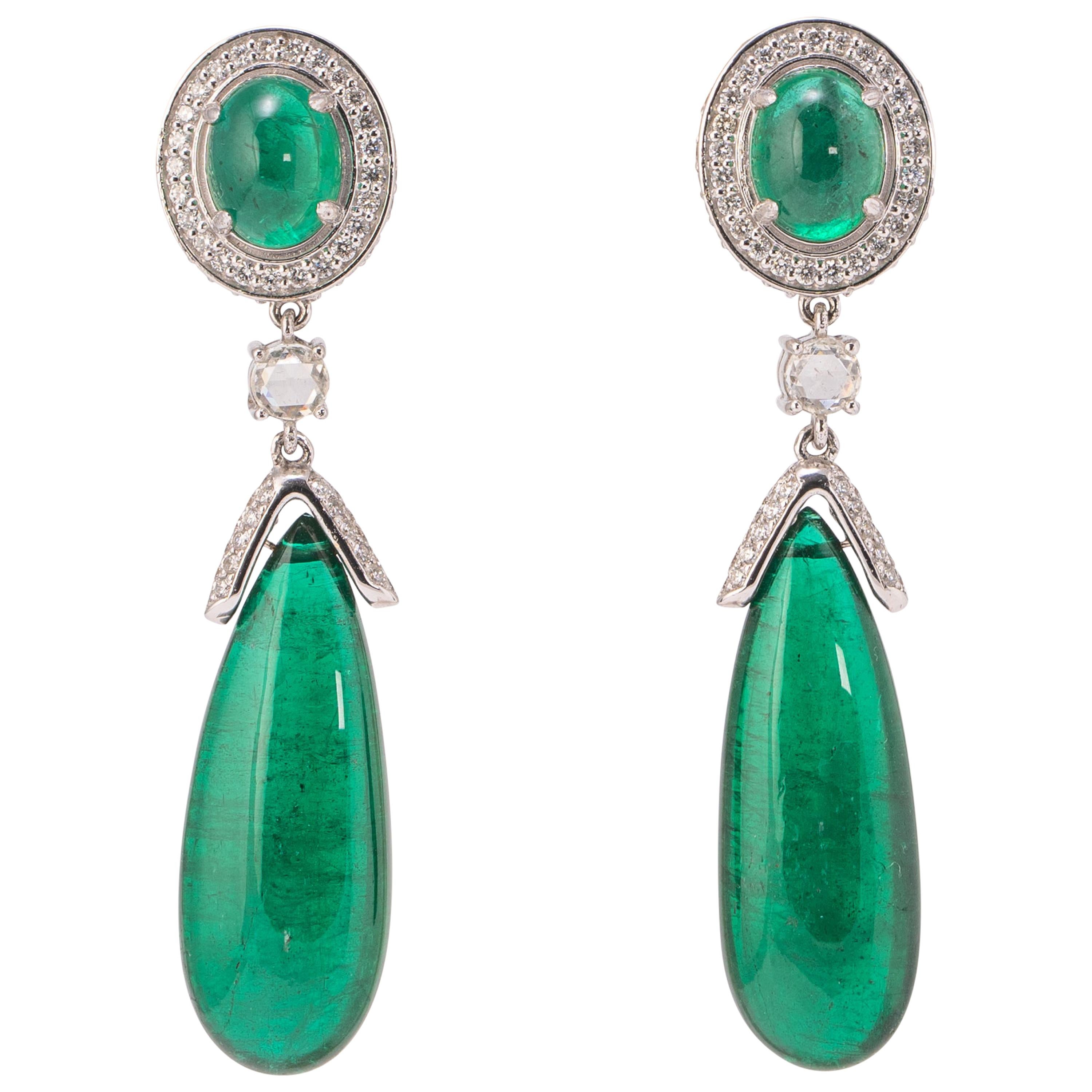 42.32 Carat Emerald Drop and Diamonds Earrings For Sale