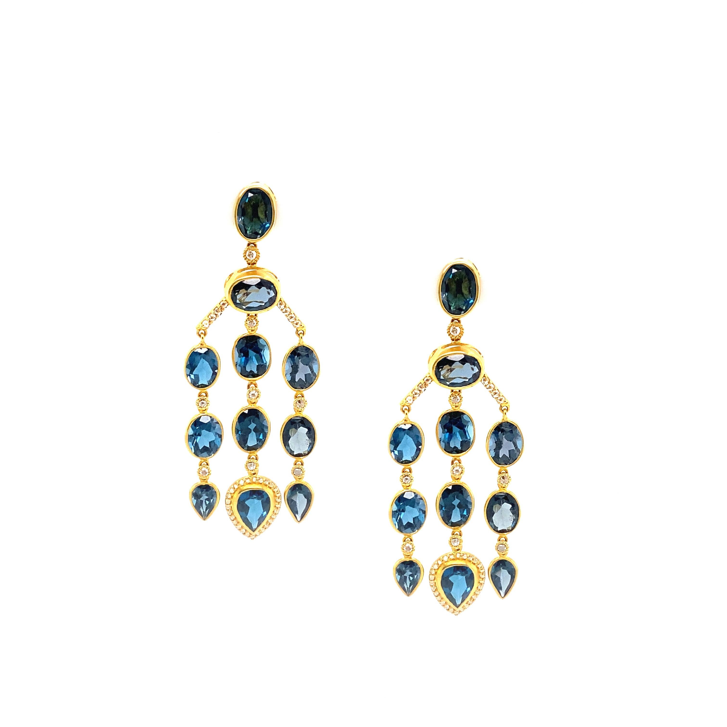 Contemporary 42.33 Carat Mystic Blue Topaz Curtain Earrings with Diamonds For Sale