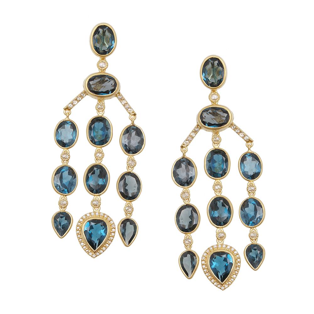 42.33 Carat Mystic Blue Topaz Curtain Earrings with Diamonds For Sale