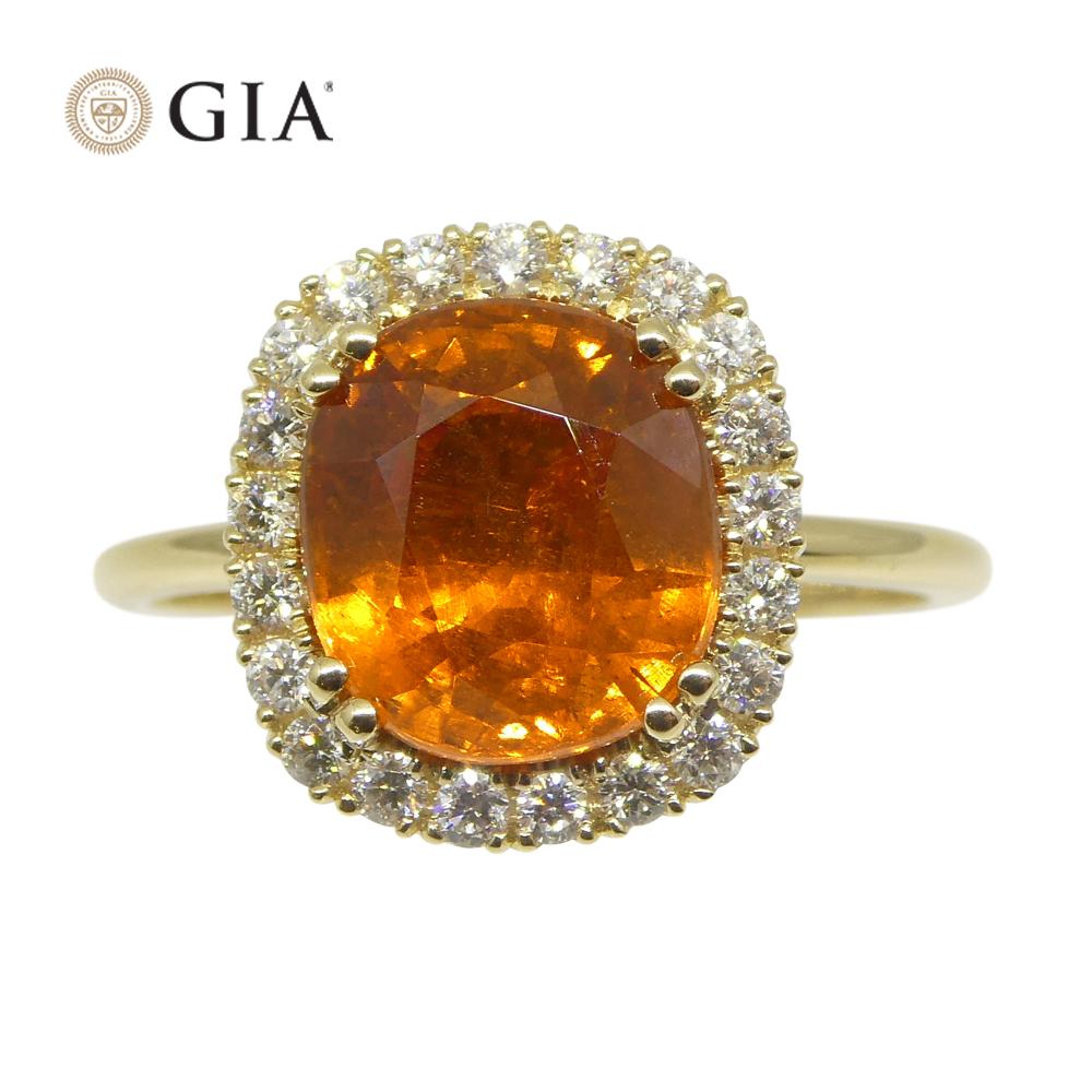 4.23ct Cushion Vivid Fanta Orange Spessartine Garnet, Diamond Ring 14k YG For Sale 2