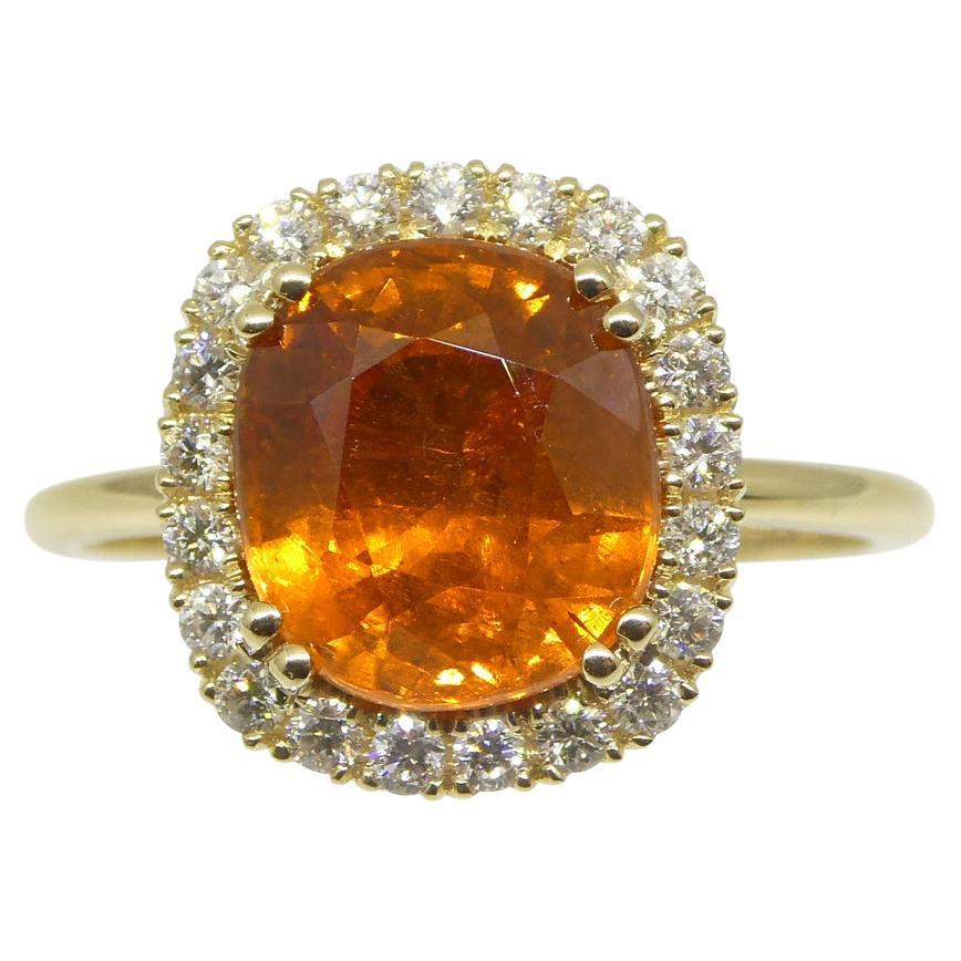 4.23ct Cushion Vivid Fanta Orange Spessartine Garnet, Diamond Ring 14k YG For Sale