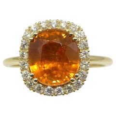 4.23ct Cushion Vivid Fanta Orange Spessartine Garnet, Diamond Ring 14k YG