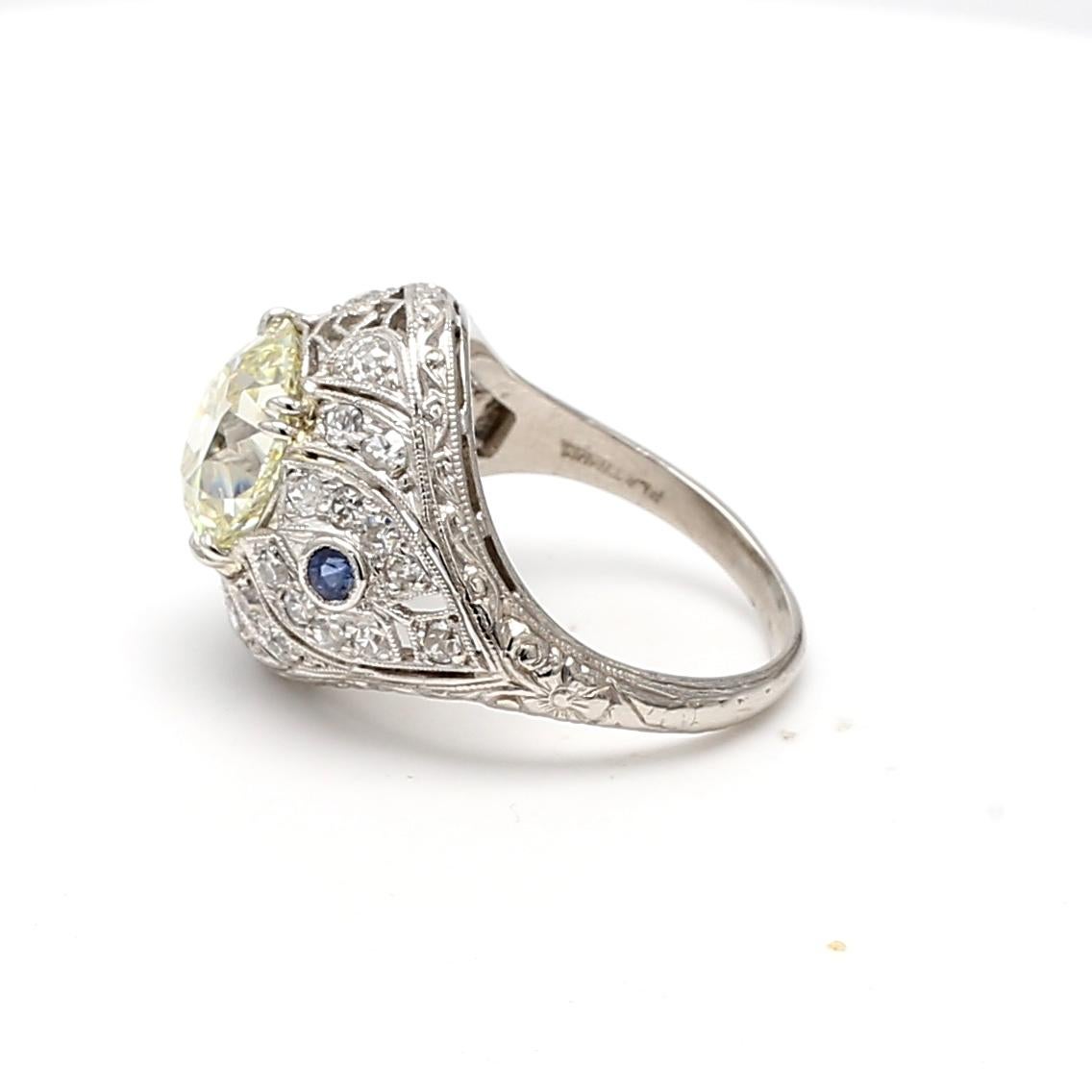 4,23ct Old European Cut Diamant & Saphir Platin Art Deco Filigran Ring (Art déco) im Angebot