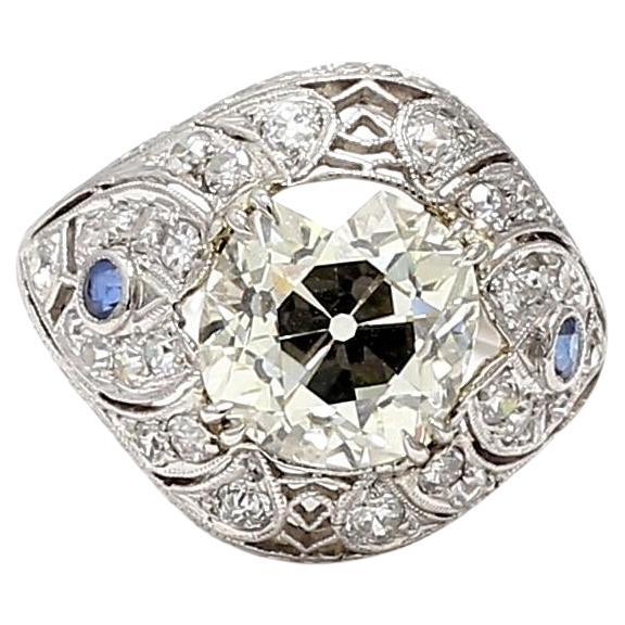 4.23ct Old European Cut Diamond 
Sapphire Platinum Art Deco Filigree Ring
