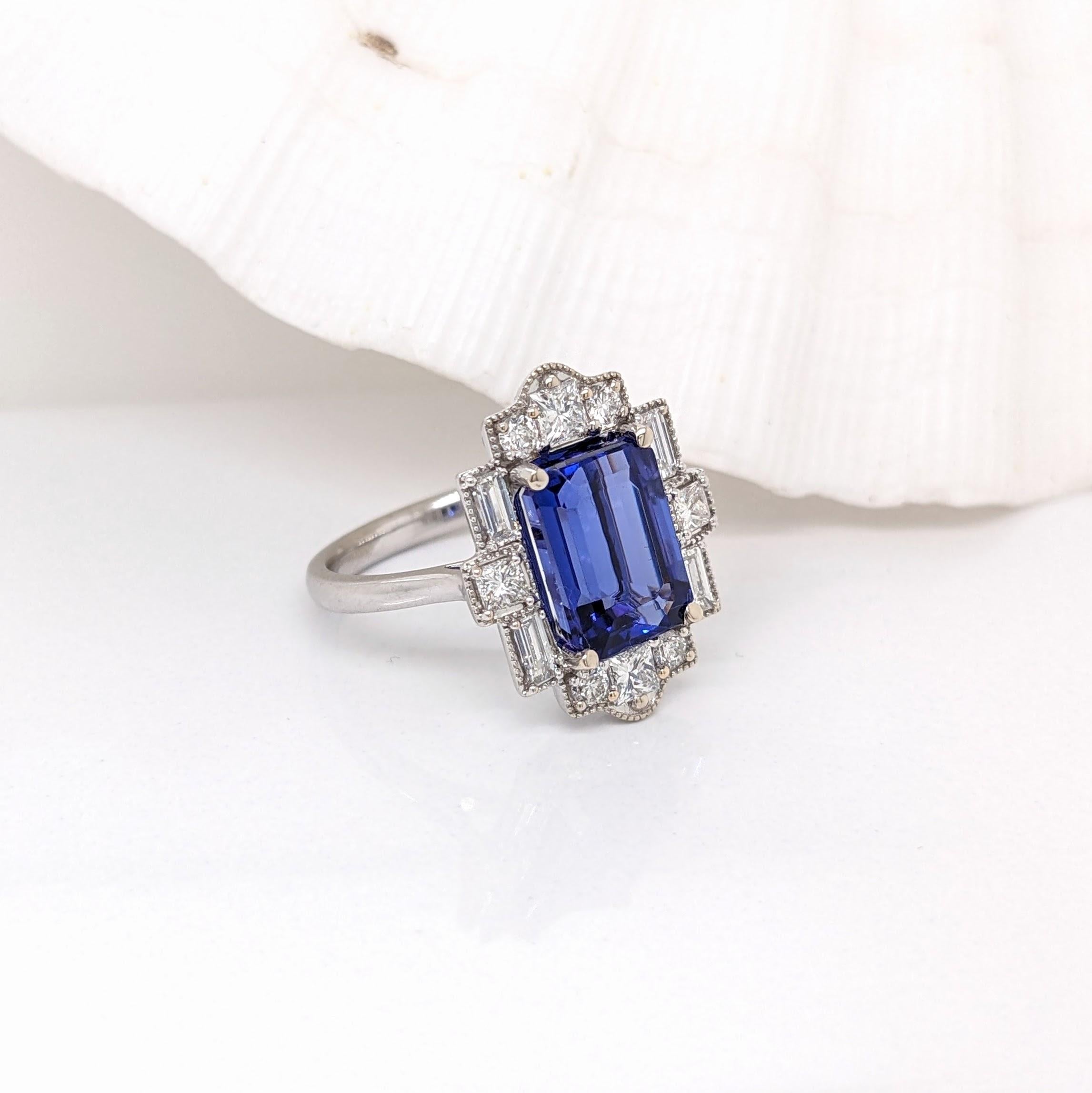 4.23ct Tanzanite Ring w Diamond Halo in Solid 14k White Gold Emerald Cut 9x7mm In New Condition In Columbus, OH