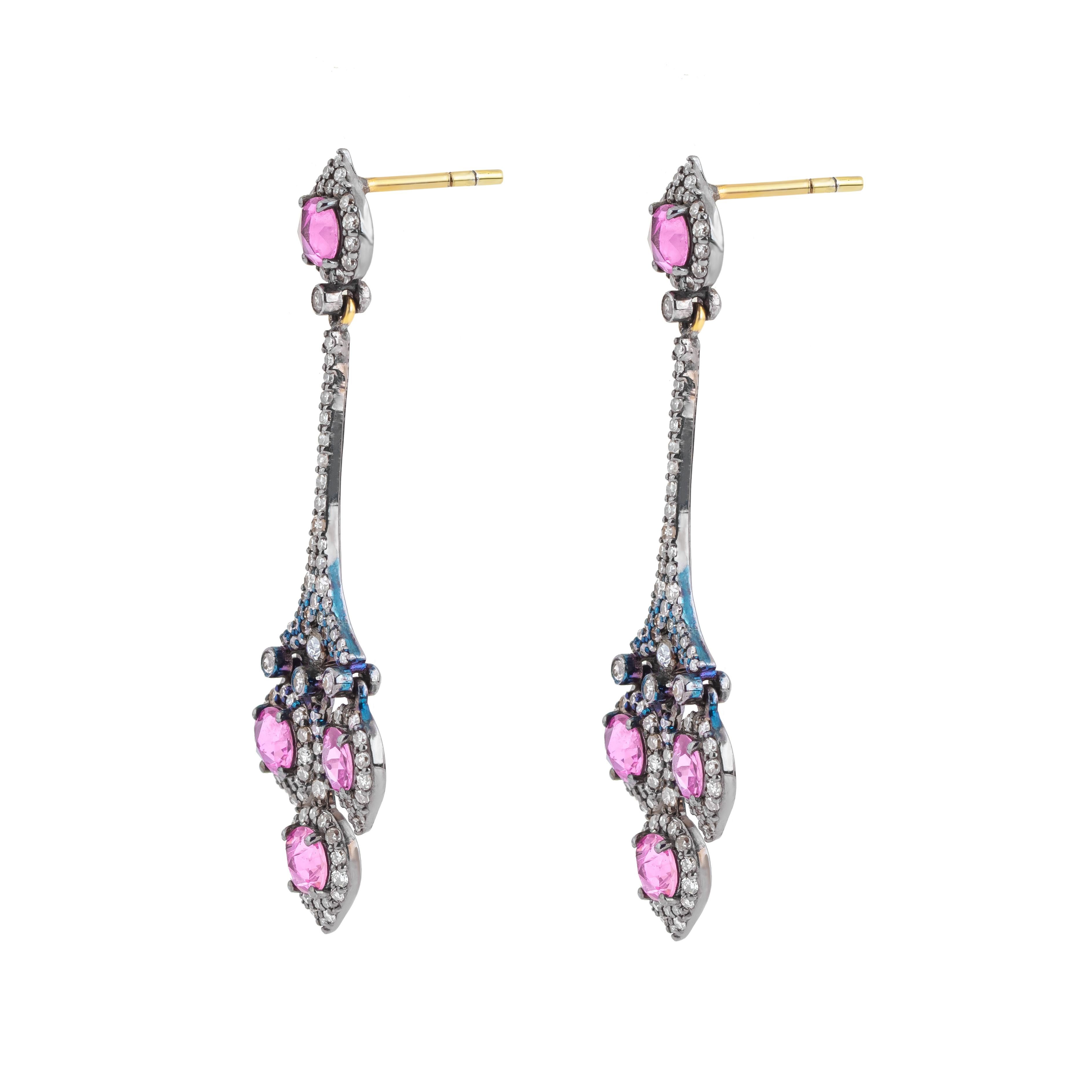 Contemporary 4.24 Carat Diamond and Pink Sapphire Drop Earrings For Sale