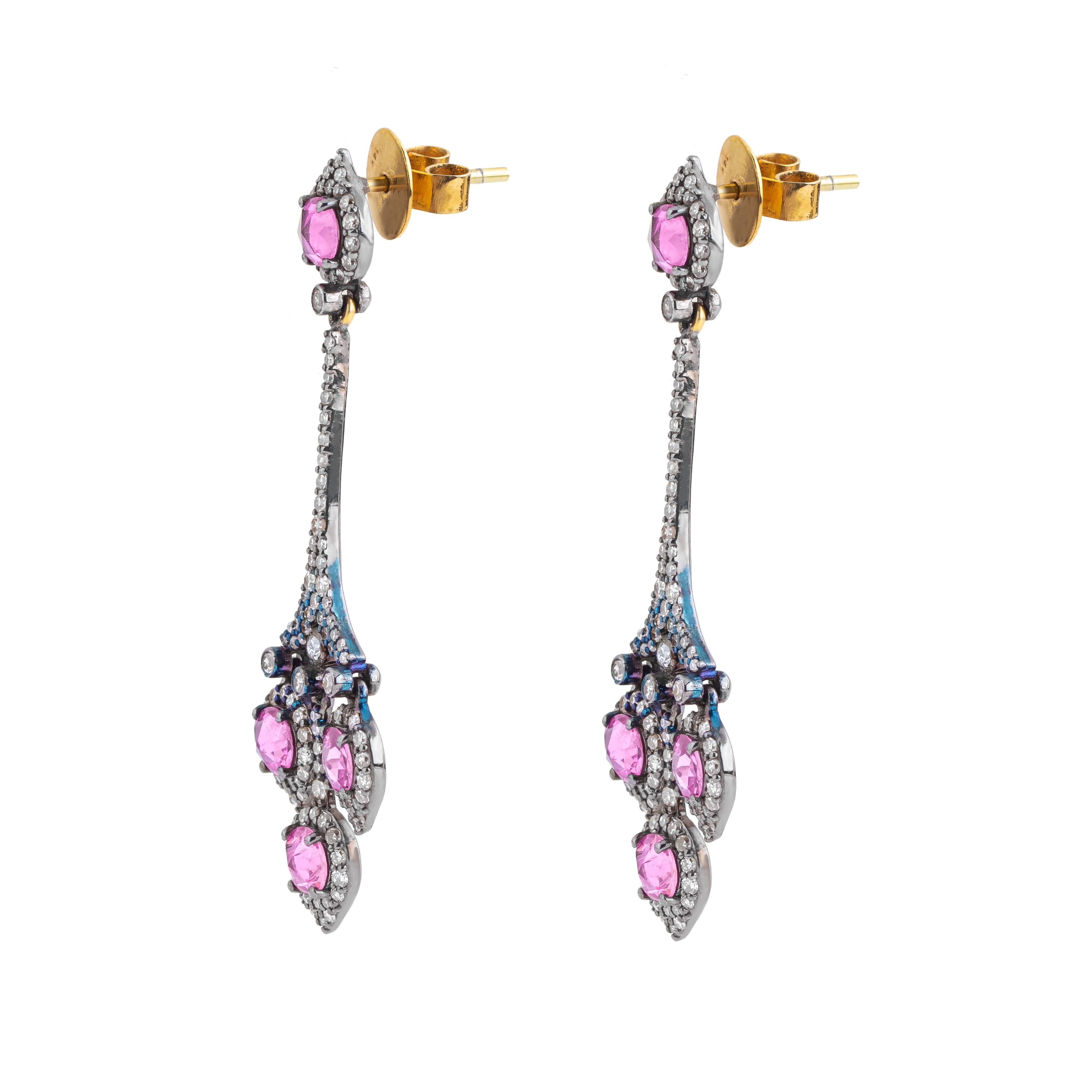 Round Cut 4.24 Carat Diamond and Pink Sapphire Drop Earrings For Sale