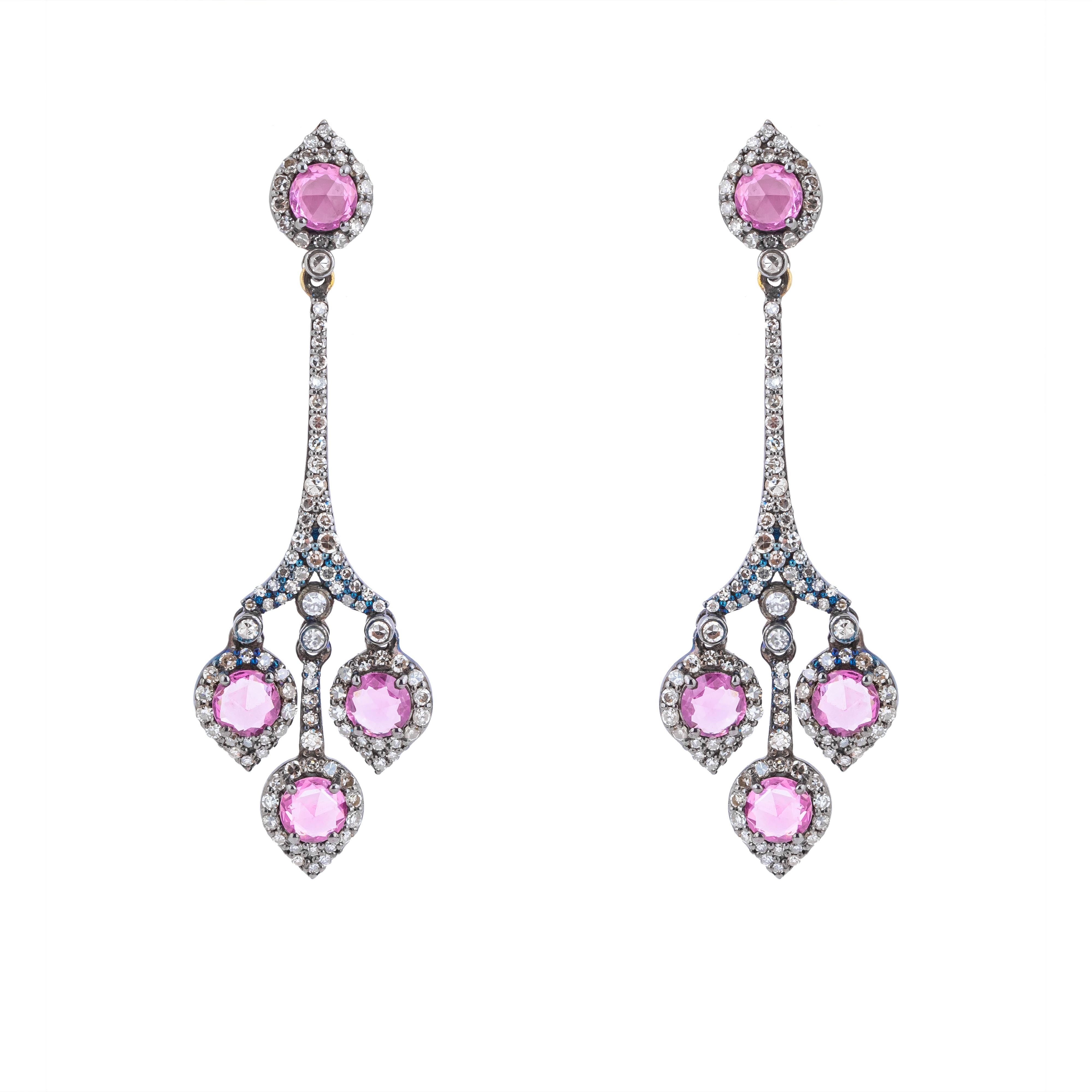 Women's 4.24 Carat Diamond and Pink Sapphire Drop Earrings For Sale