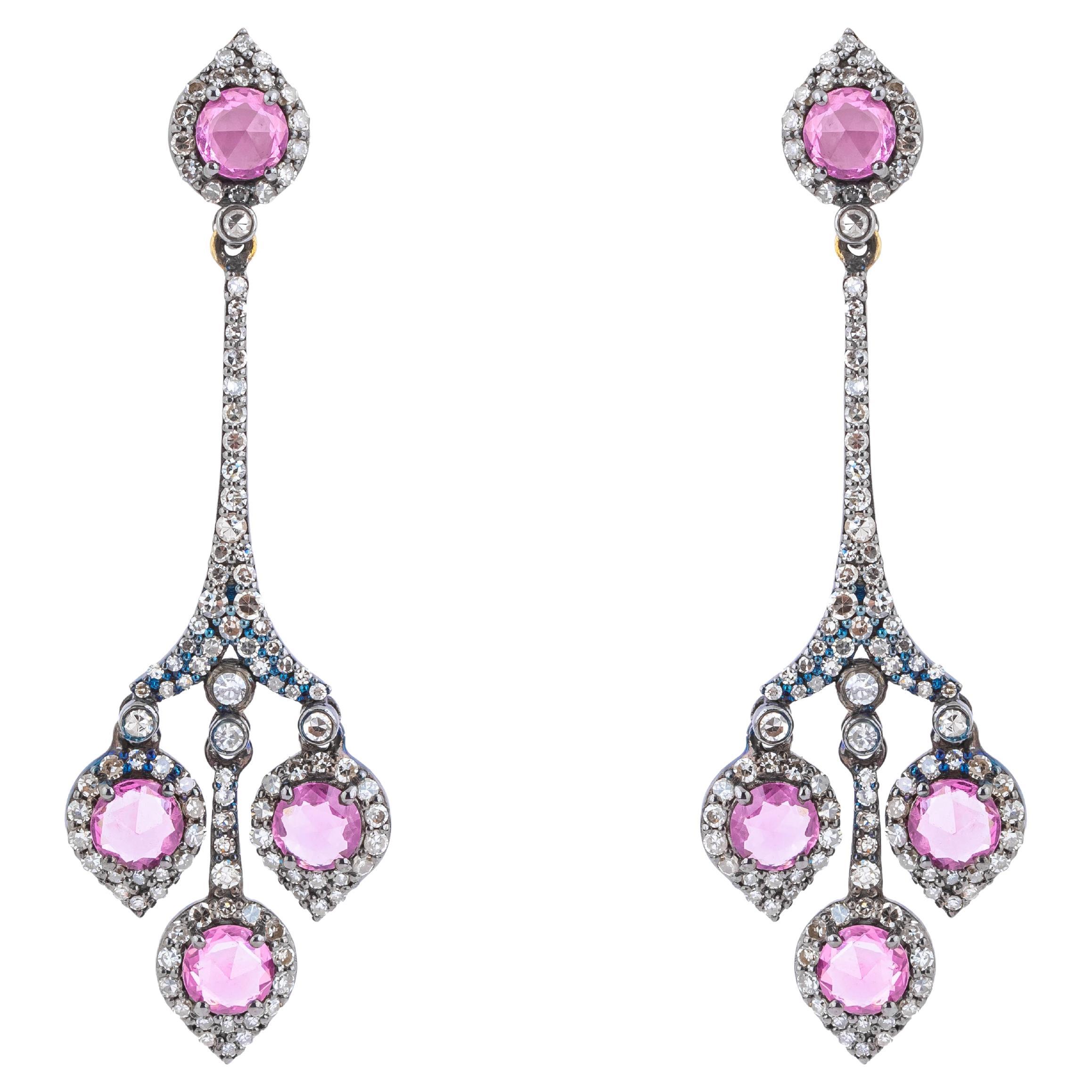 4.24 Carat Diamond and Pink Sapphire Drop Earrings