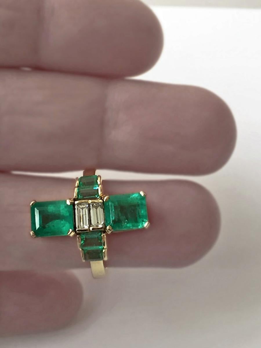 Reminiscent of the Deco era, this elegant emerald stones detailed with diamond baguettes Ring is One of a Kind . Made of solid 18K yellow-gold.
Primary Stones: Natural Colombian Emerald
Shape or Cut : Emerald Cut Cut
Average Color/Clarity : Medium