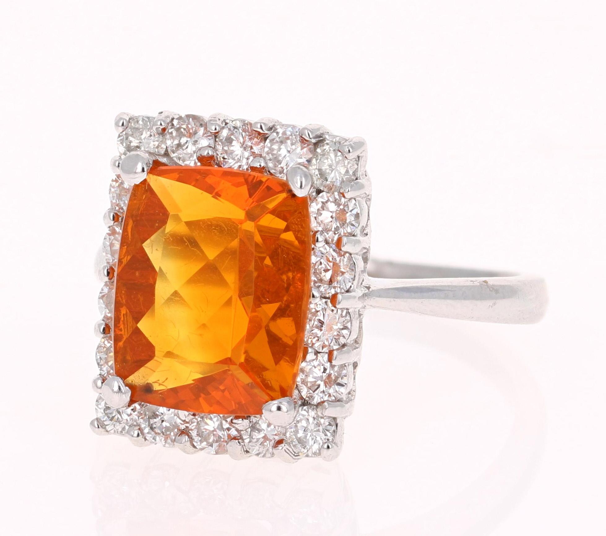 Modern 4.24 Carat Fire Opal Diamond Cocktail 14 Karat White Gold Ring For Sale