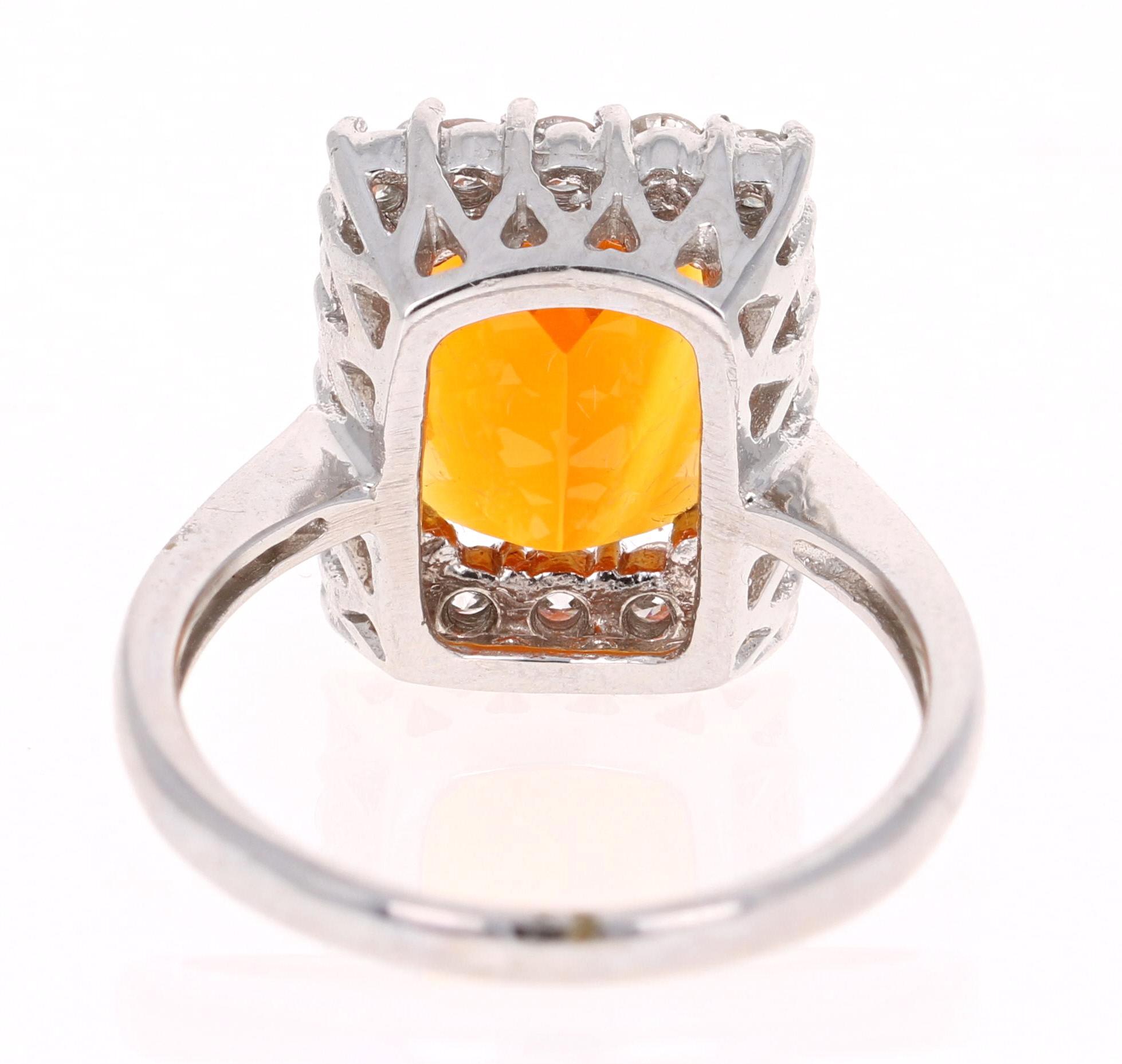 Cushion Cut 4.24 Carat Fire Opal Diamond Cocktail 14 Karat White Gold Ring For Sale
