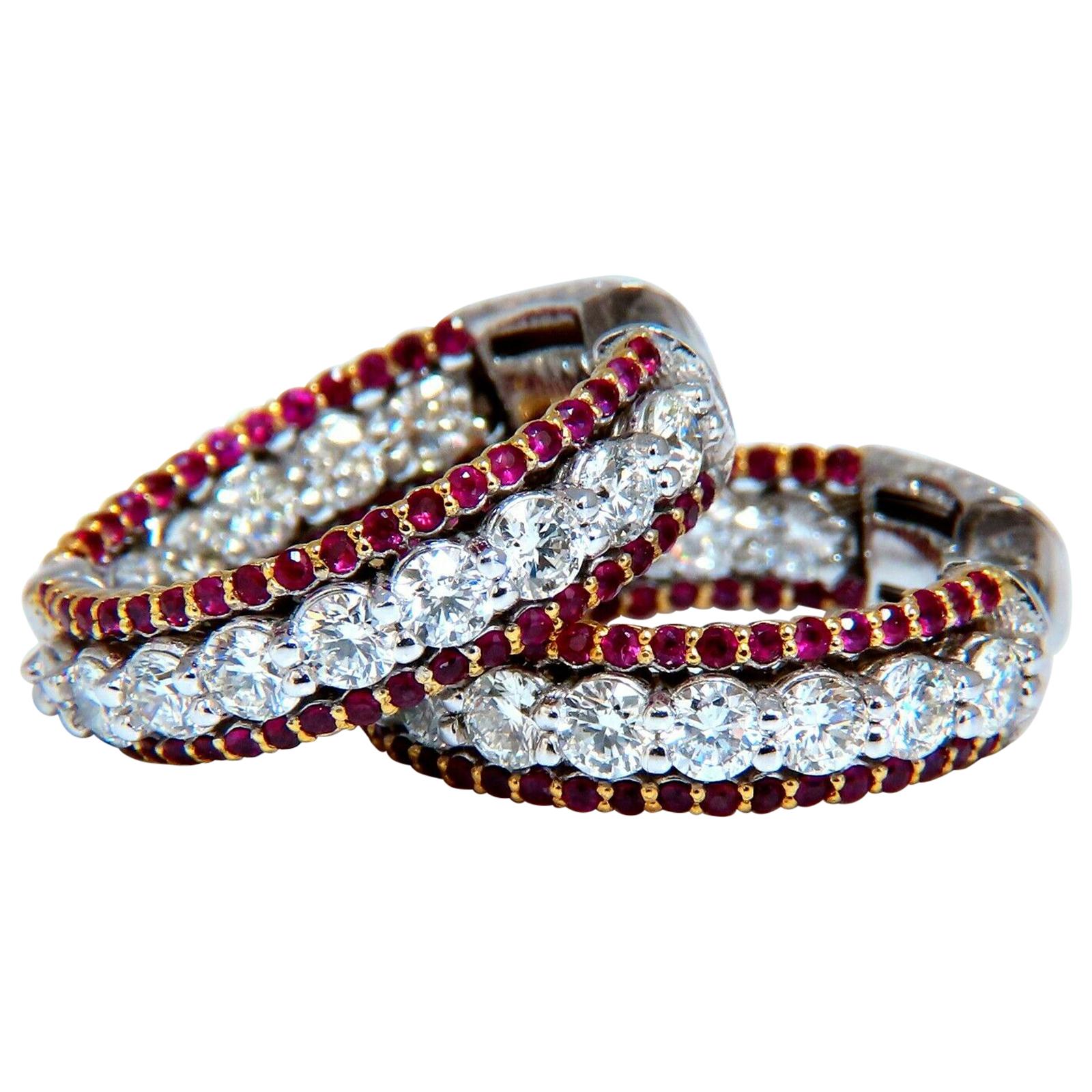 4.24 Carat Natural Red Ruby Diamond Hoop Earrings 14kt Gold Three-Row Intricate For Sale